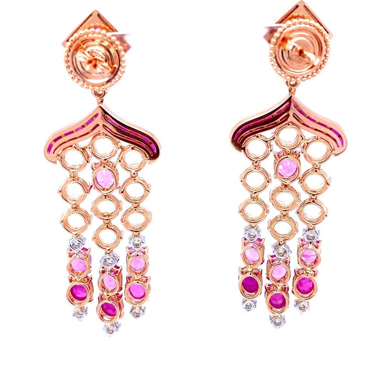 Contemporary 18 Karat Yellow Gold Sapphire Ruby Diamond Chandelier Earrings For Sale