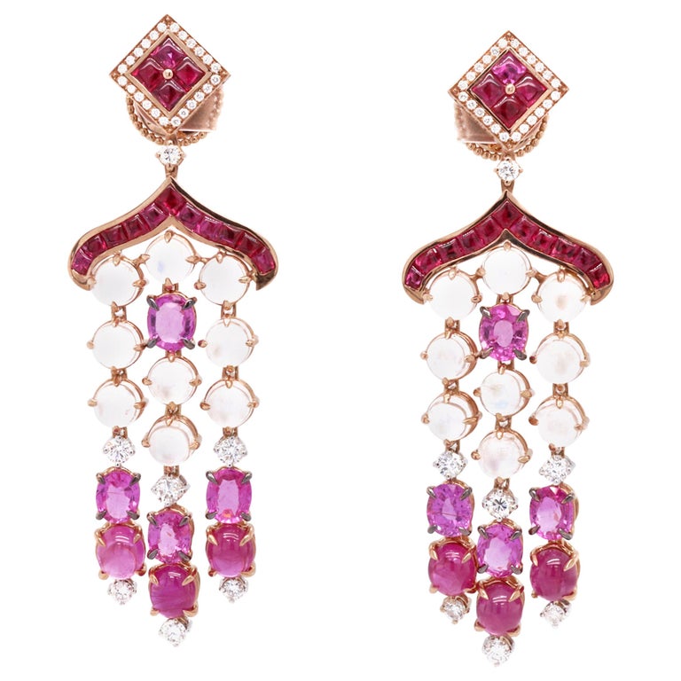 18 Karat Yellow Gold Sapphire Ruby Diamond Chandelier Earrings For Sale