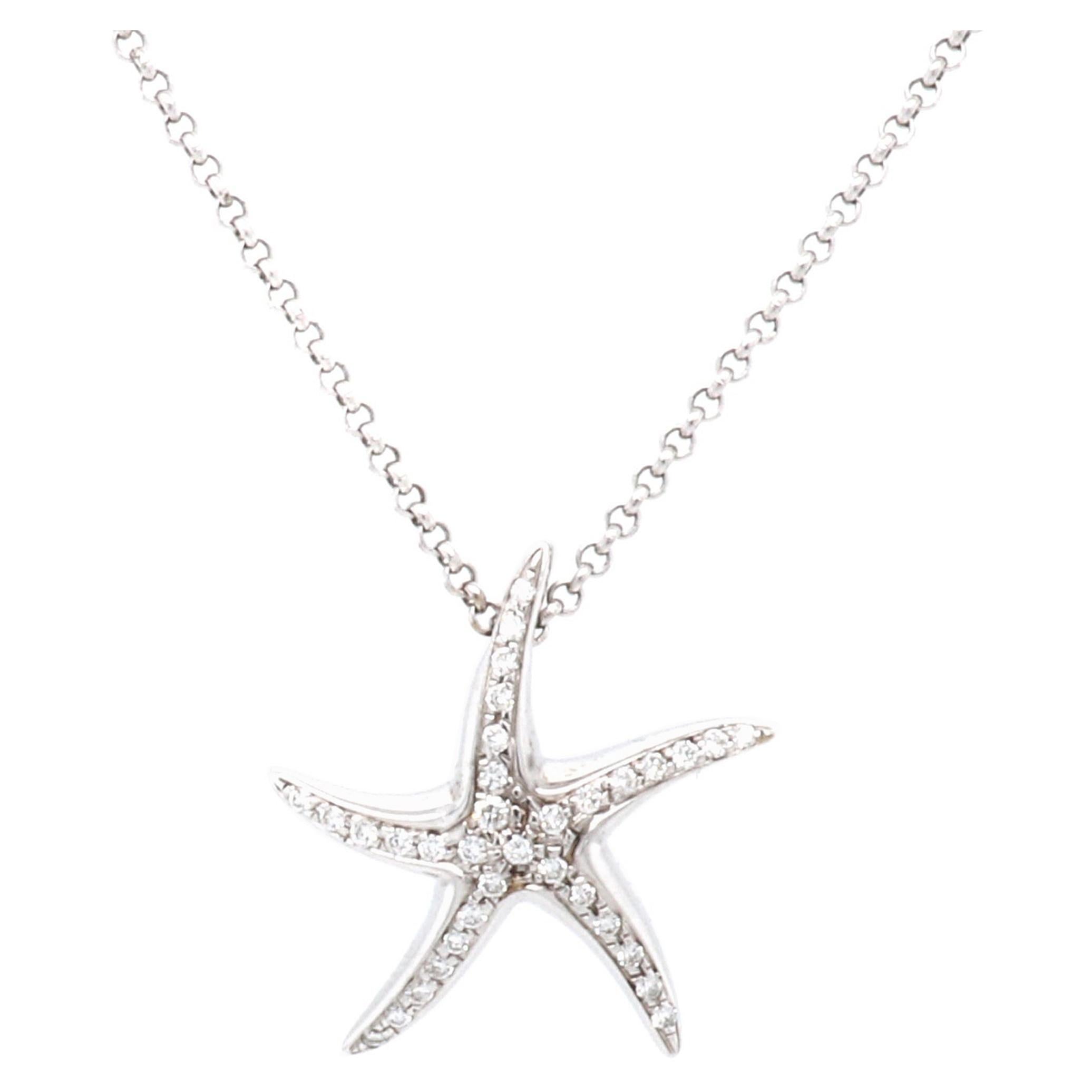 White Diamond Starfish Pendant Set in 18 Karat White Gold Handmade in ...