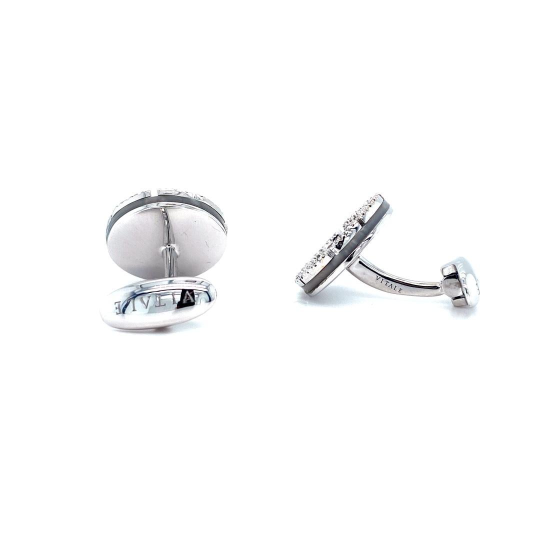 These 18K white gold round elegant cufflinks are from Ocean Treasures Collection. These very chic cufflinks are made from mother of pearl in total of 6 Carat and white diamonds in total of 0.5 Carat. Total metal weight is 16.20 gr. These cufflinks