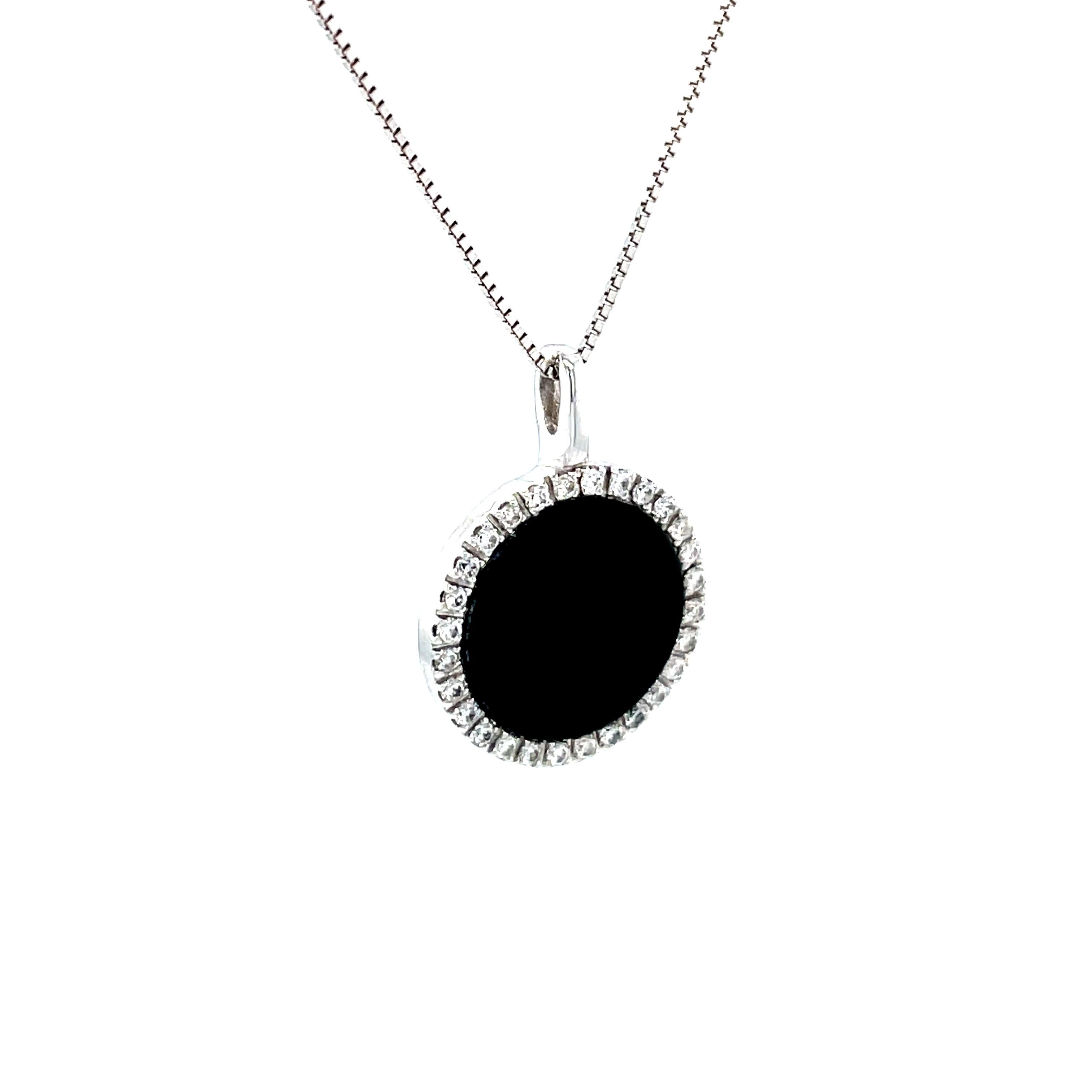 Round Cut 18K White Gold Onyx Diamond Pendant For Sale