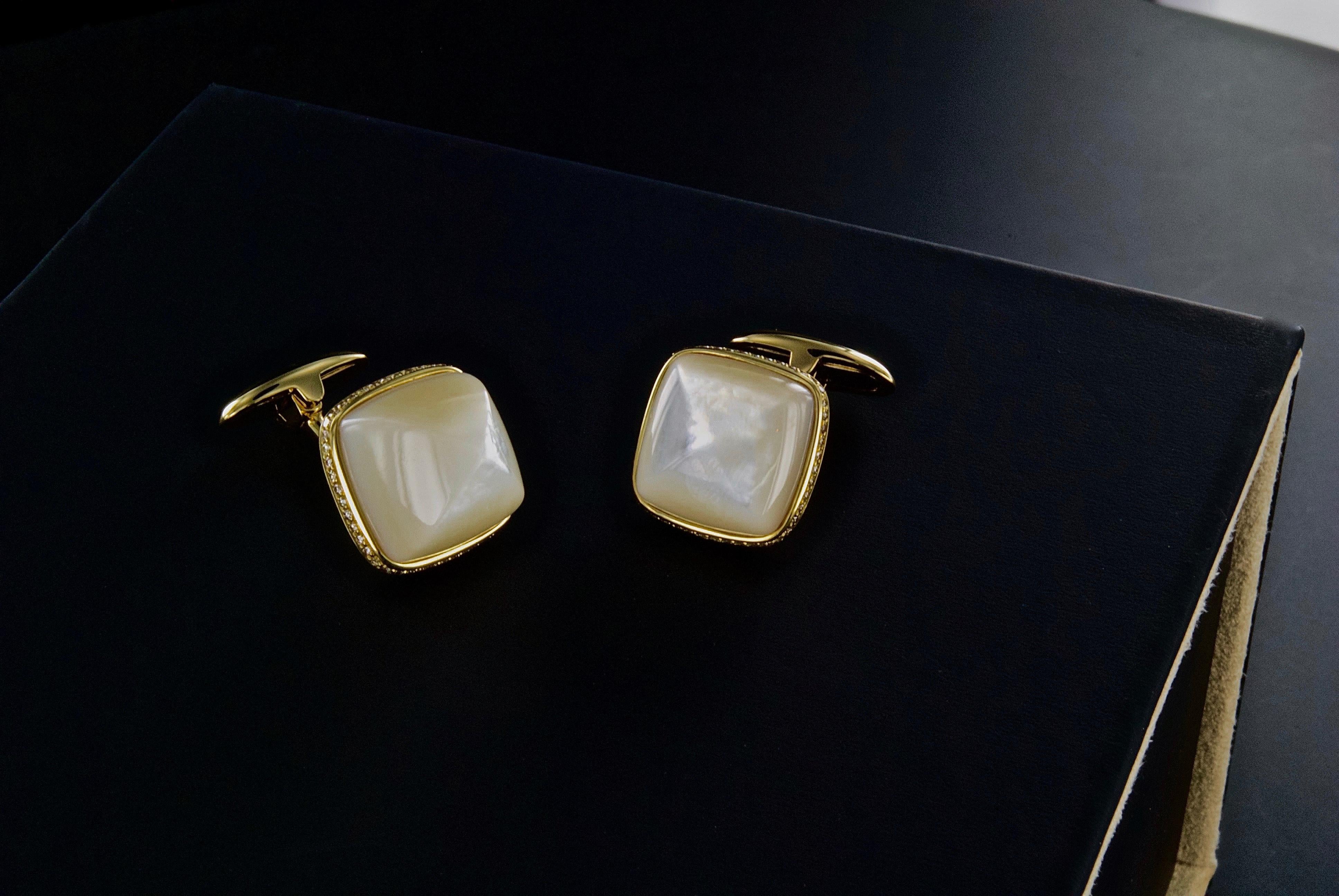 Square Cut 18 Karat Yellow Gold Mother of Pearl Diamond Uneven Cufflinks For Sale