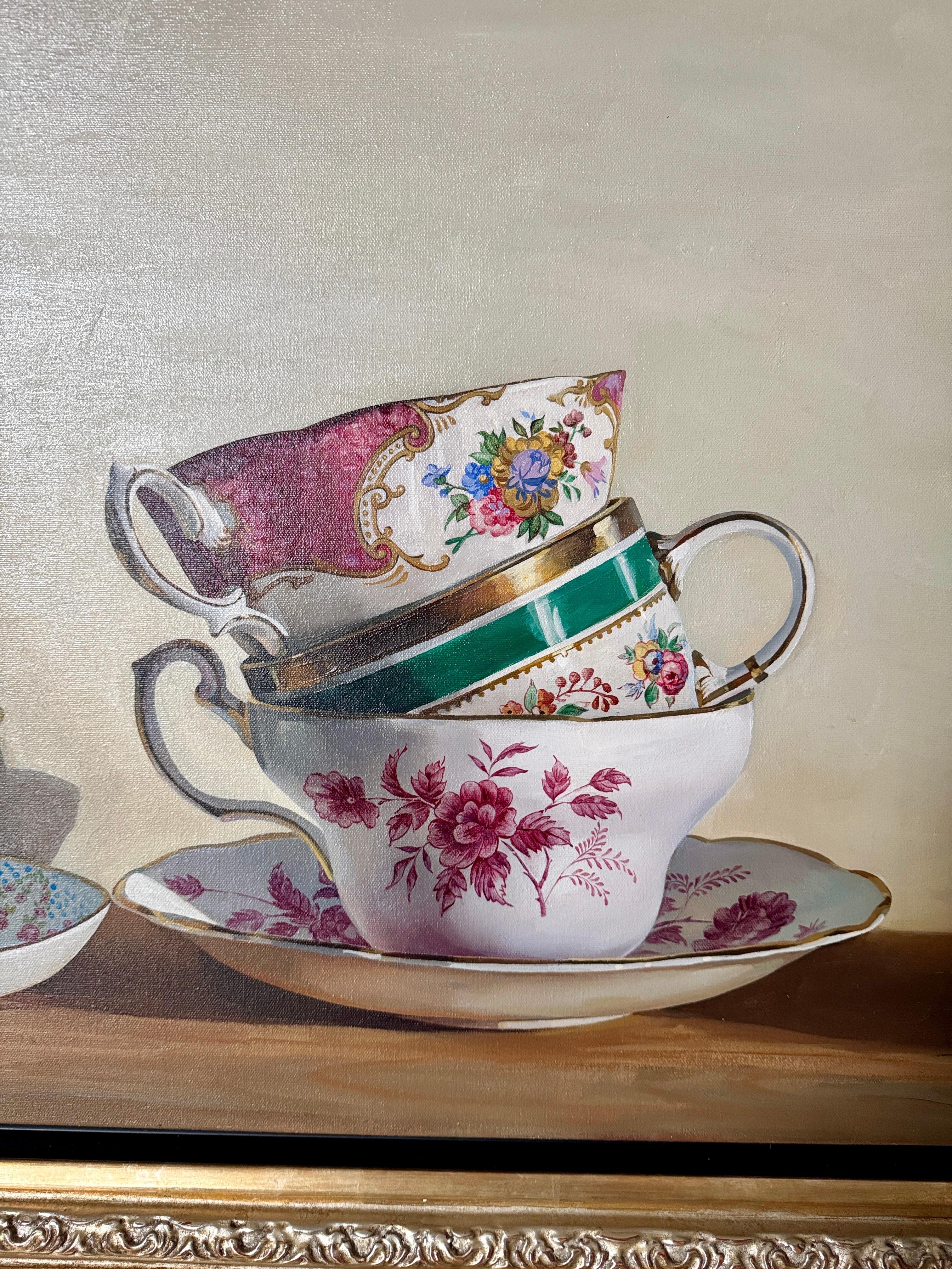 Bodegón con tazas y platillos - Still-Life Painting Marrón de Vitali Miagkov