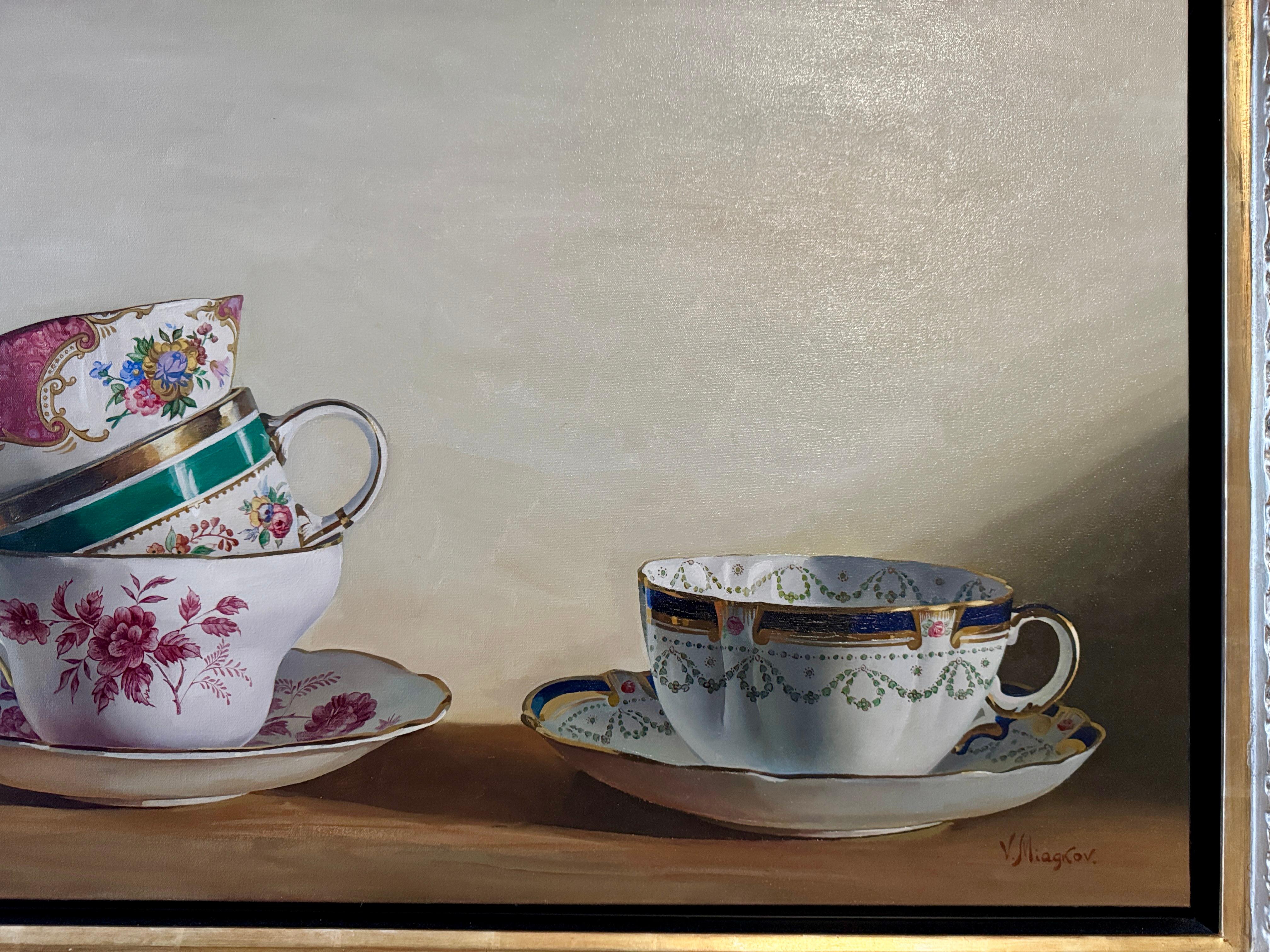 Bodegón con tazas y platillos
Firmado por el artista, lienzo 24hx48w, hermoso marco de oro plateado hecho a medida.
El Sr. Miagkov nació en Ucrania en 1936 y recibió formación formal en la Escuela de Arte de Odessa y en el Instituto de Arte de Kiev.