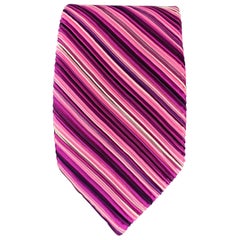 VITALINO PANCALDI Pink & Purple Diagonal Striped Pleated Silk Tie