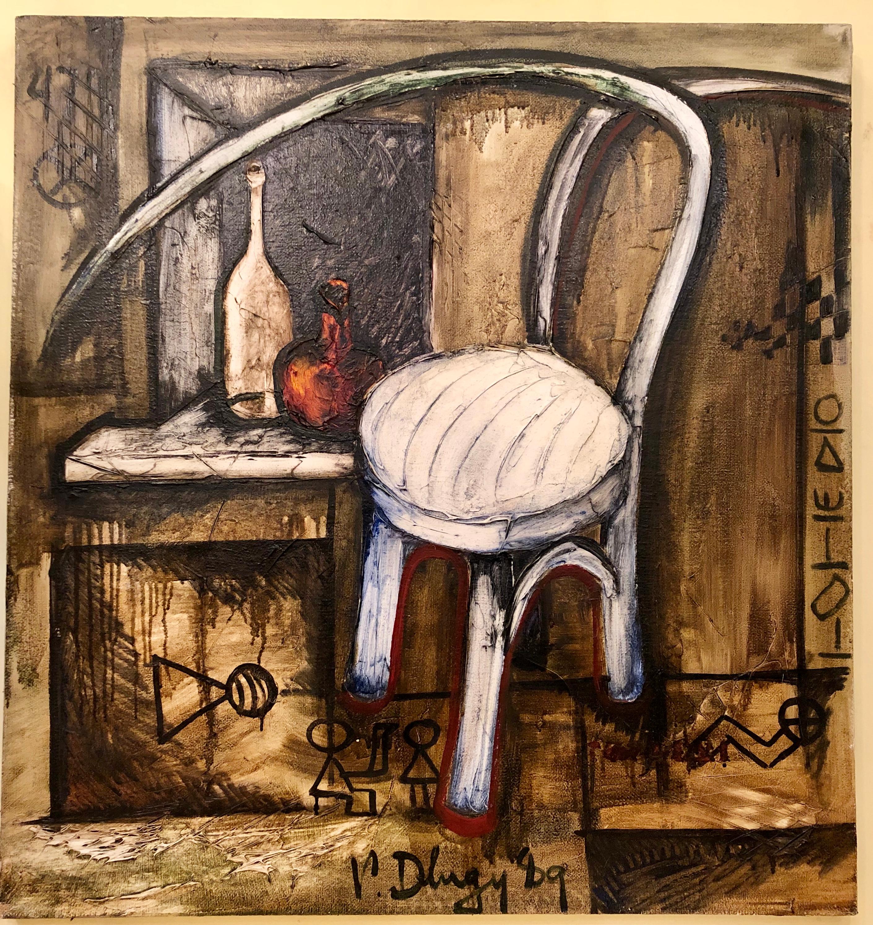 Vitaly Dlugy (russe 1934-1990) chaise blanche, 1989 huile sur toile.
Signé et daté en bas au centre.
Prov. Christies NYC

Vitaly Dlugy est un peintre russe d'après-guerre et contemporain, né en 1934. Les œuvres de Vitaly Dlugy ont été proposées