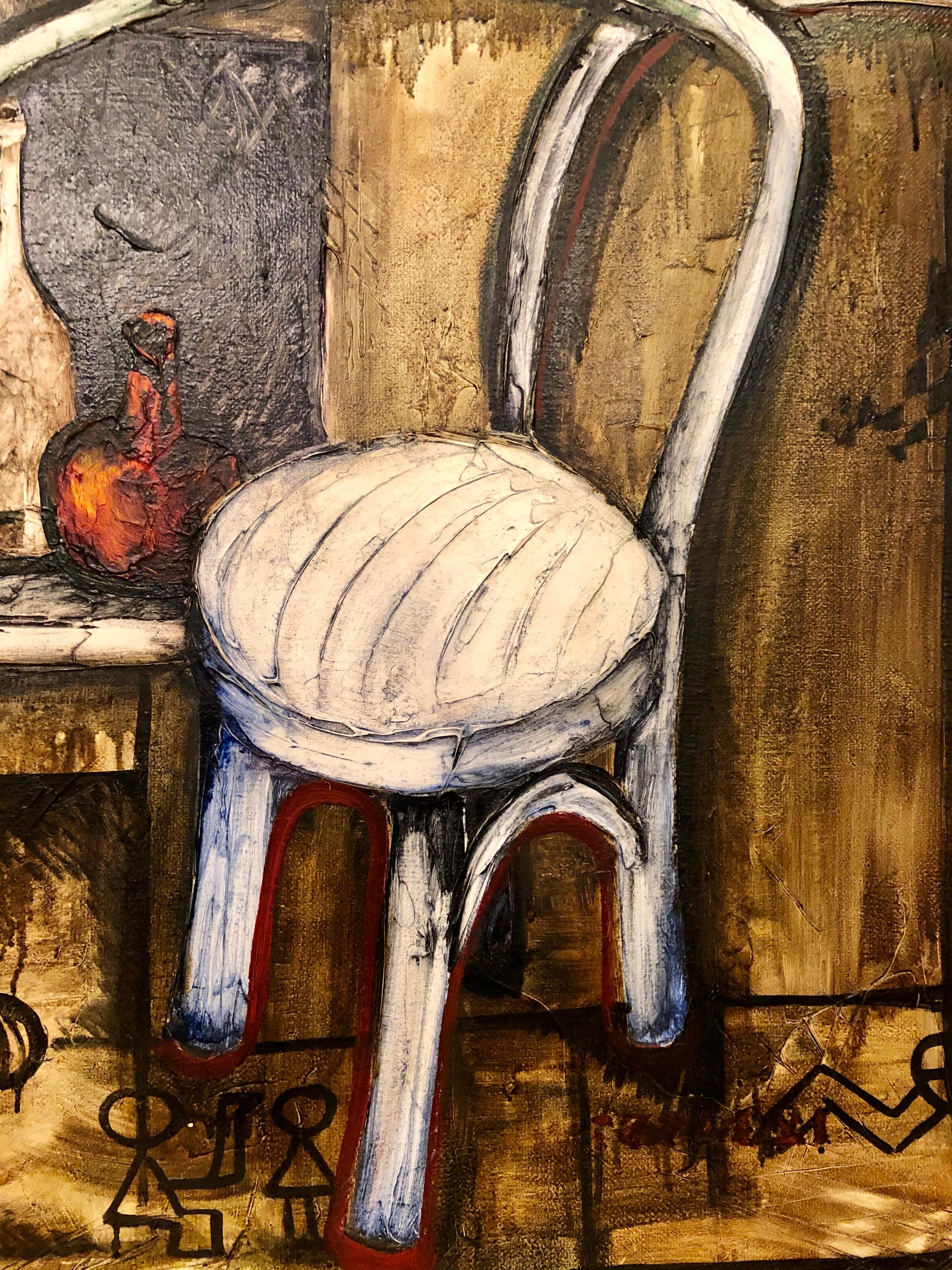 Modern Vitaly Dlugy White Chair, 1989 Oil on Canvas For Sale