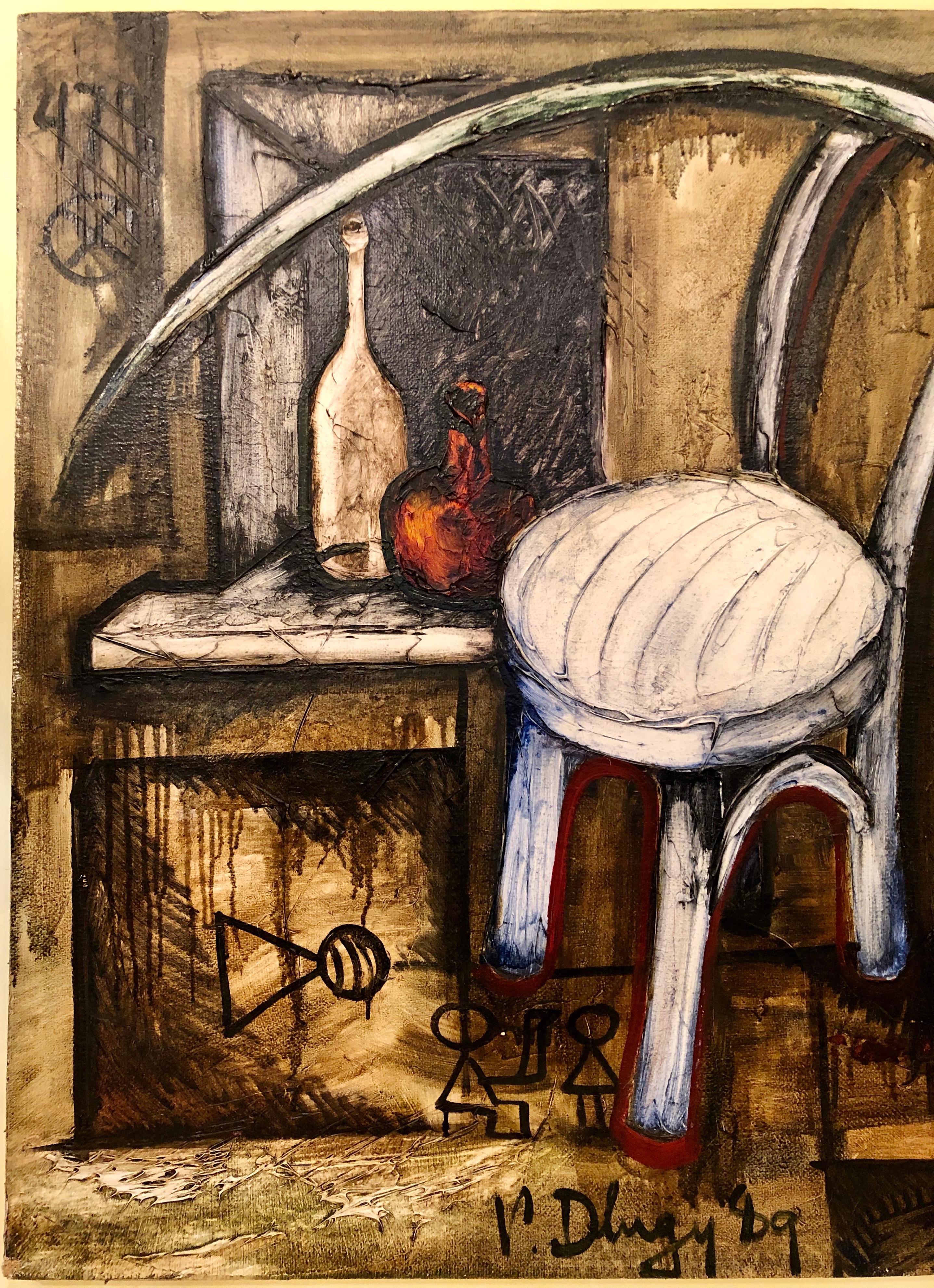 Vitaly Dlugy White Chair:: 1989 Huile sur toile Bon état - En vente à Manhasset, NY