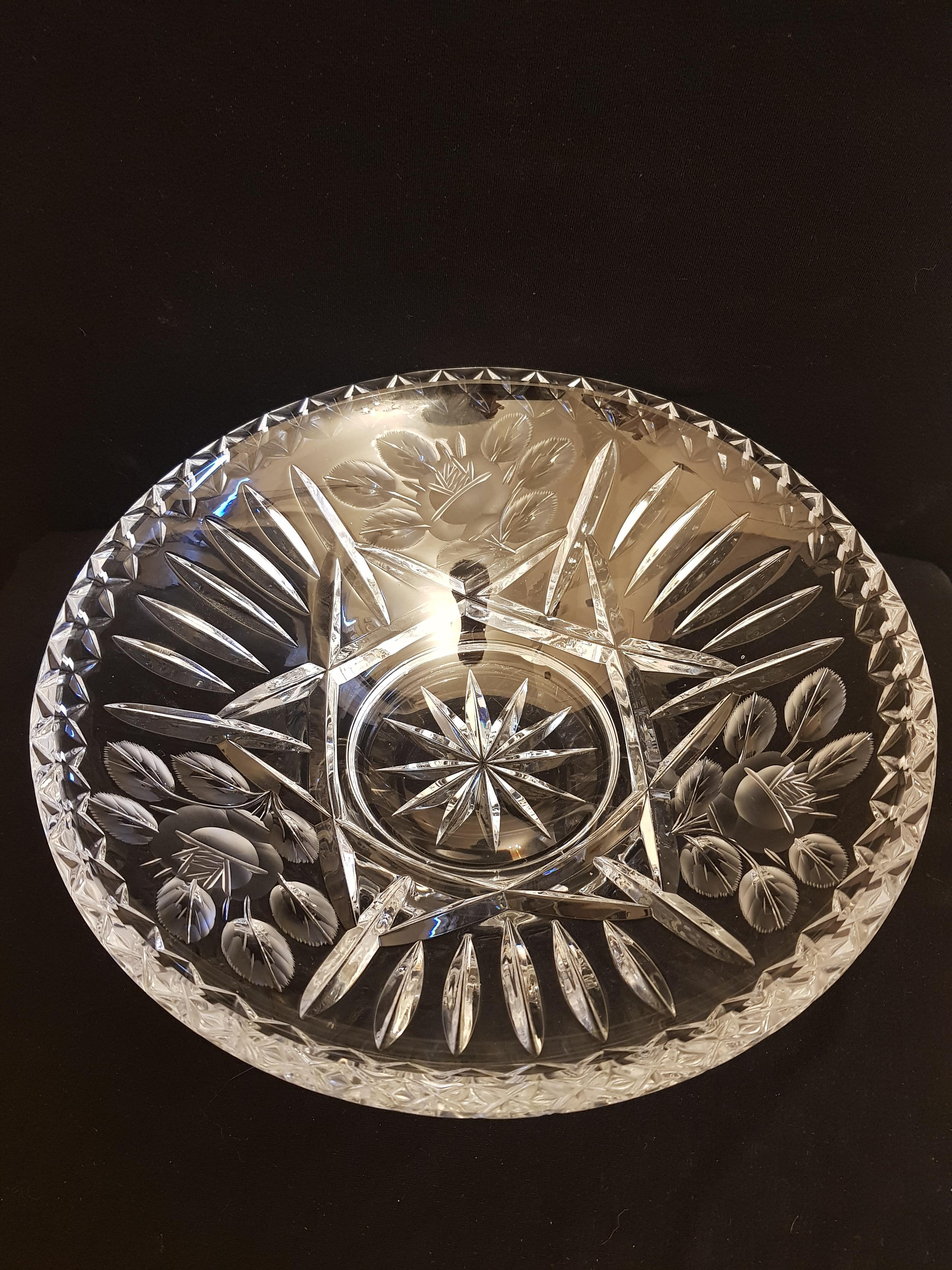 Czech Vitange Bohemian Crystal Hand Deep Cut Large Bowl For Sale