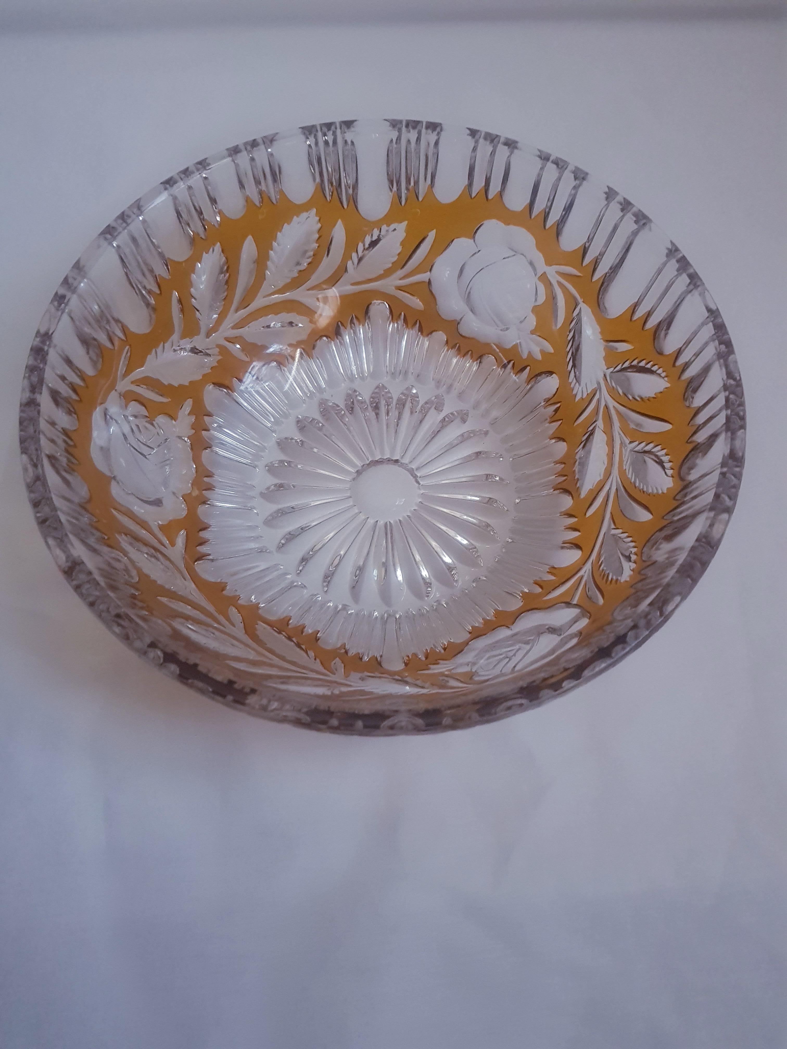 Beautiful vitange engraved Bohemian crystal bowl, amber and clear brilliant condition.