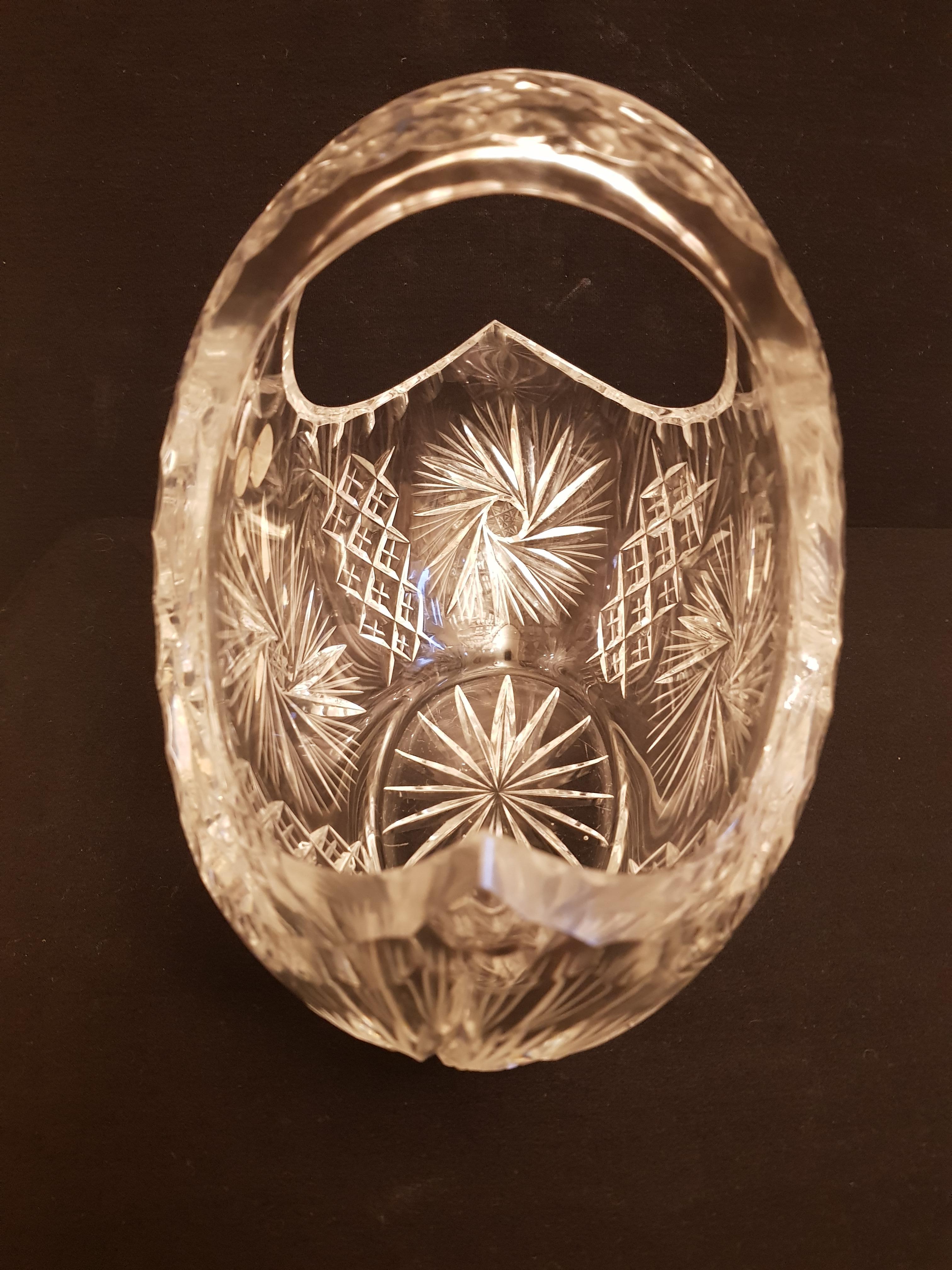 Art Deco Vitange Bohemian Hand Cut Crystal Basket For Sale
