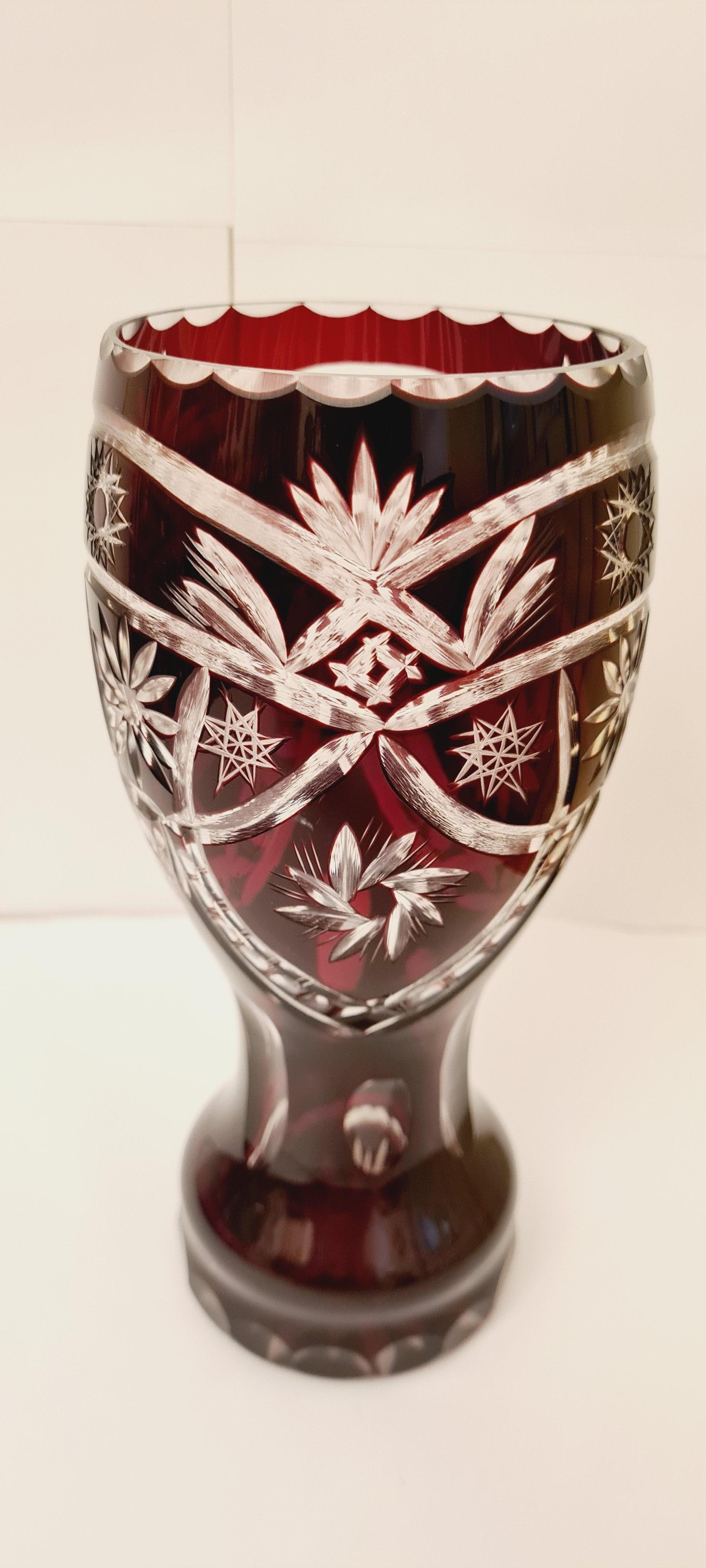 1960`s beautiful hand cut vintage Bohemian ruby crystal vase in excellent condition.