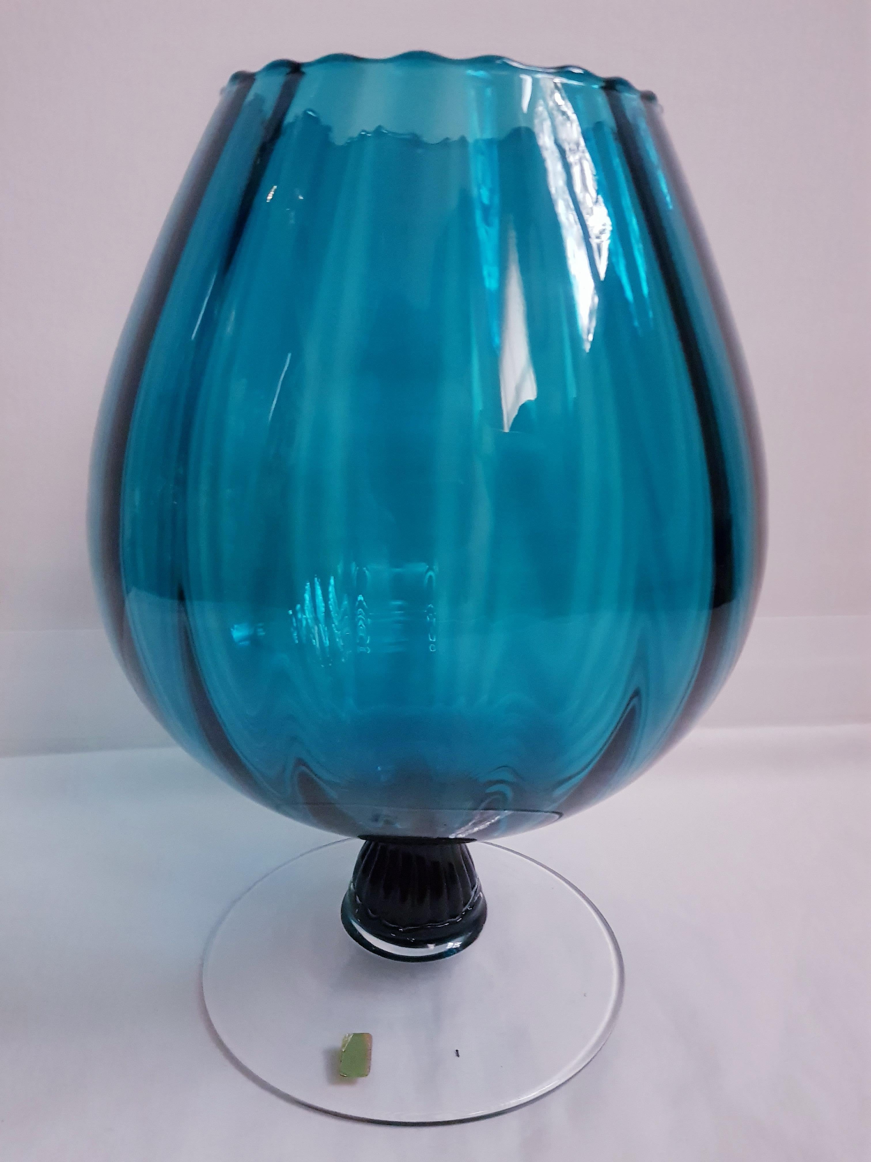 Beautiful vitange Empoli large optical decorative glass, blue and clear, original sticker brilliant condition.