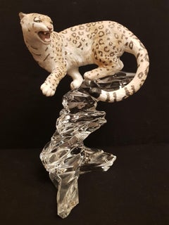 Vitange Franklin Porcelain Snow Leopard Sculpture with Crystal Base
