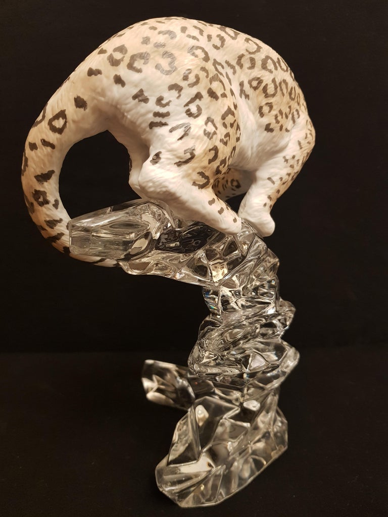 Austrian Vitange Franklin Porcelain Snow Leopard Sculpture with Crystal Base For Sale