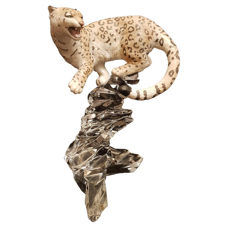 Vitange Franklin Porcelain Snow Leopard Sculpture with Crystal Base For Sale