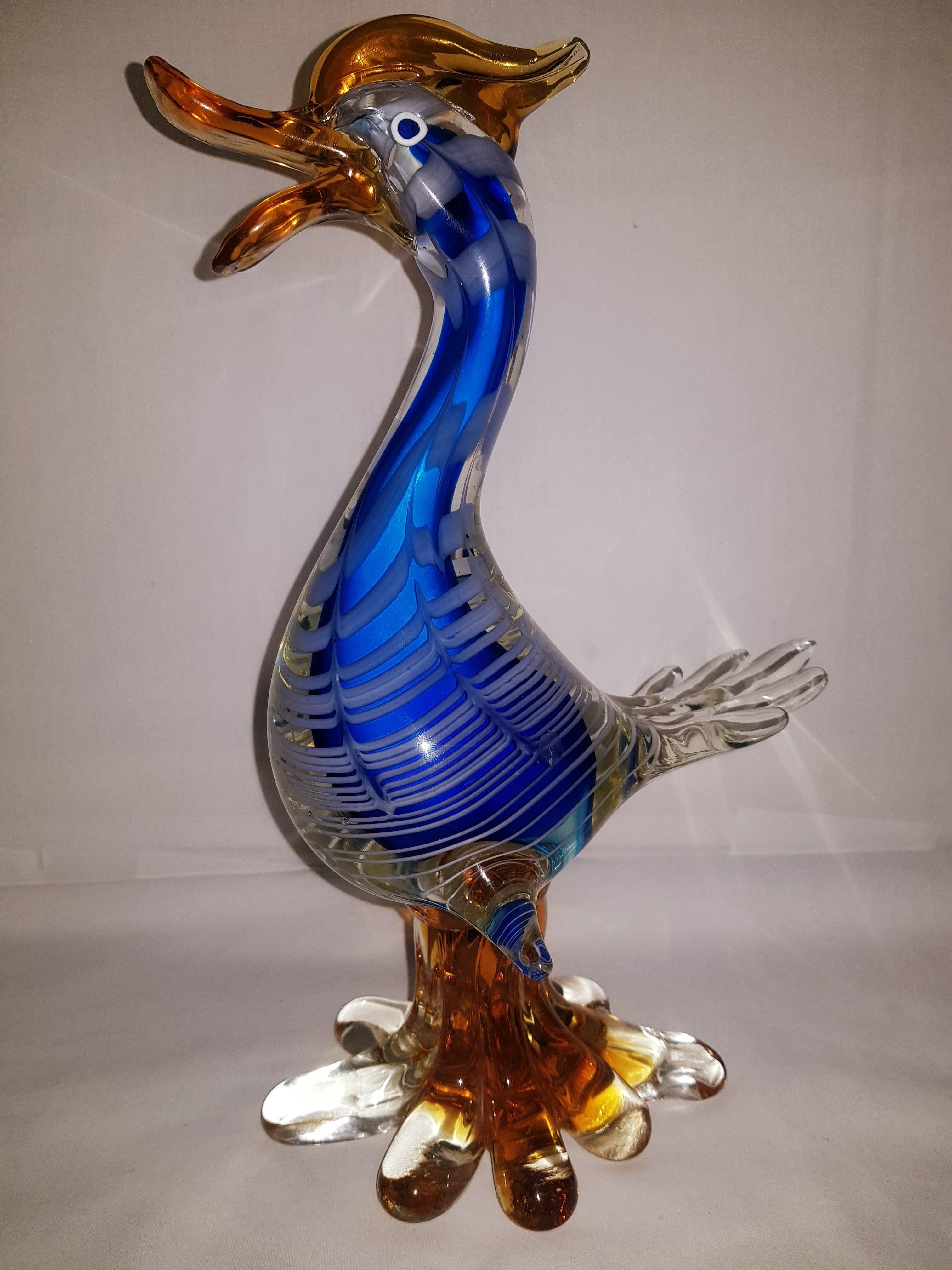 Beautiful vitange genuine murano glass duck blue, amber, white and clear brilliant condition.