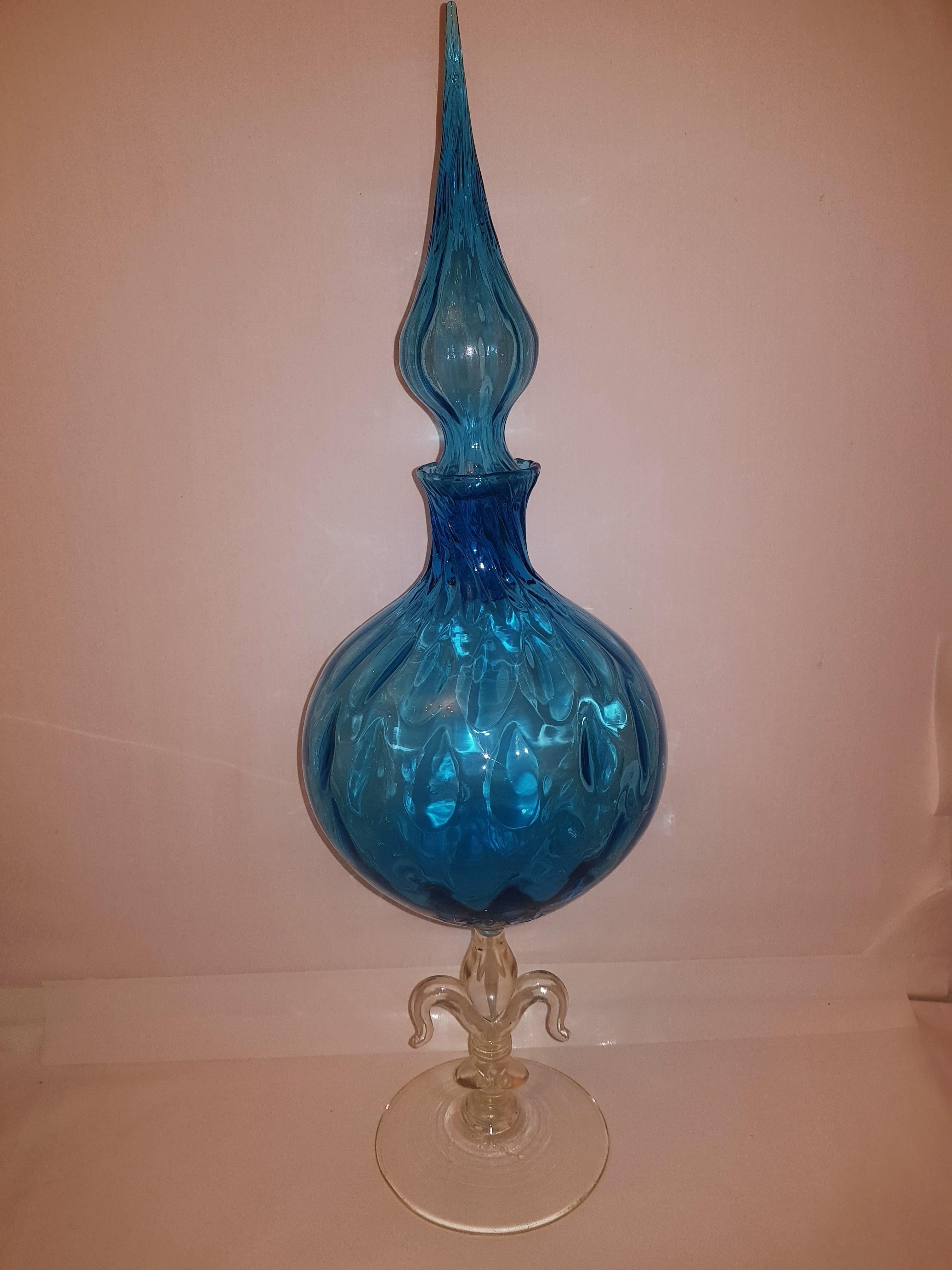 Beautiful vitange Empoli optical glass blue and clear with stpper large bottle brilliant condition beautiful home decor.