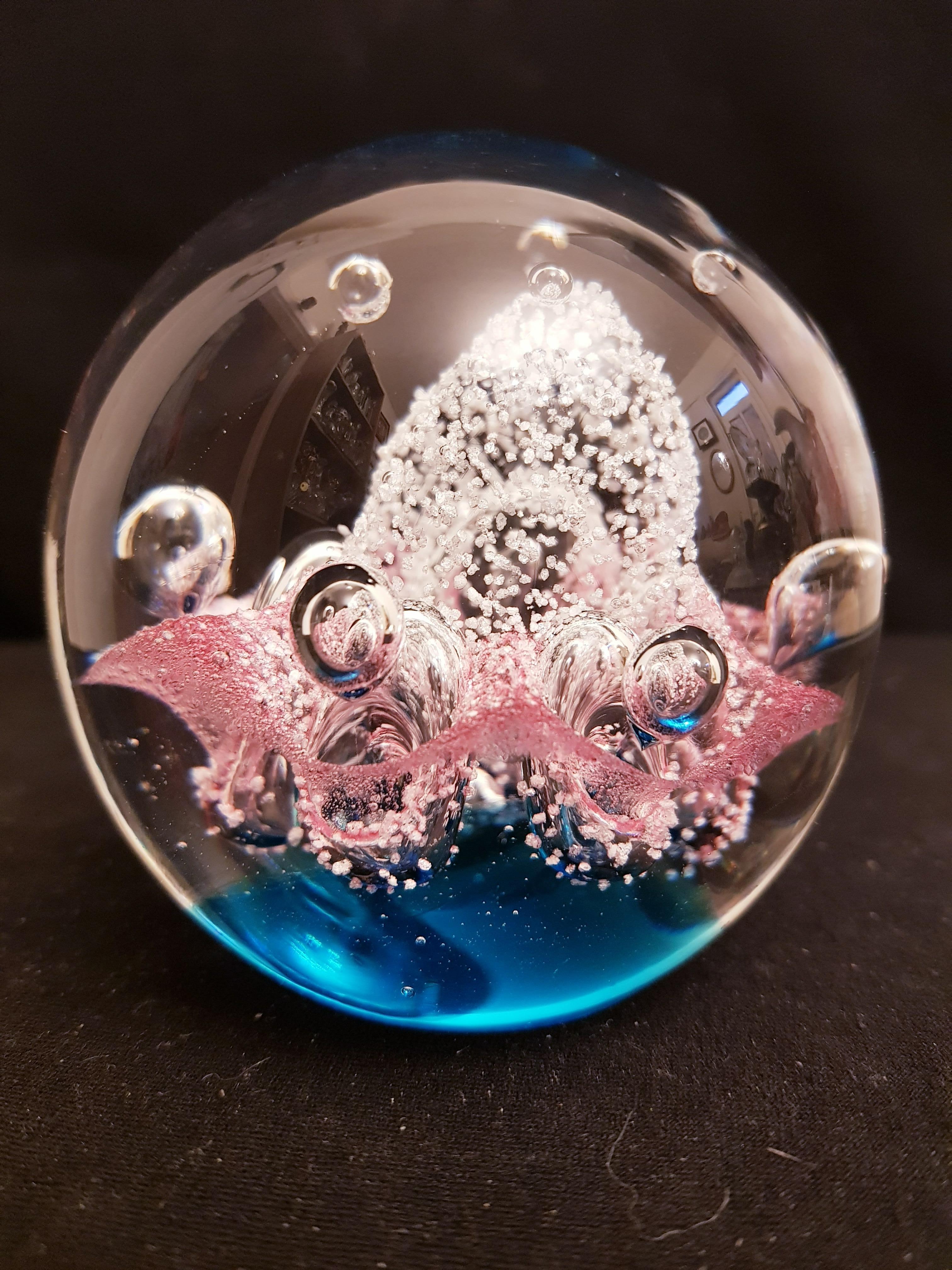 Beautiful vitange murano glass abstract paperweight blue, pink, white and clear with controlled bubbles brilliant condition.