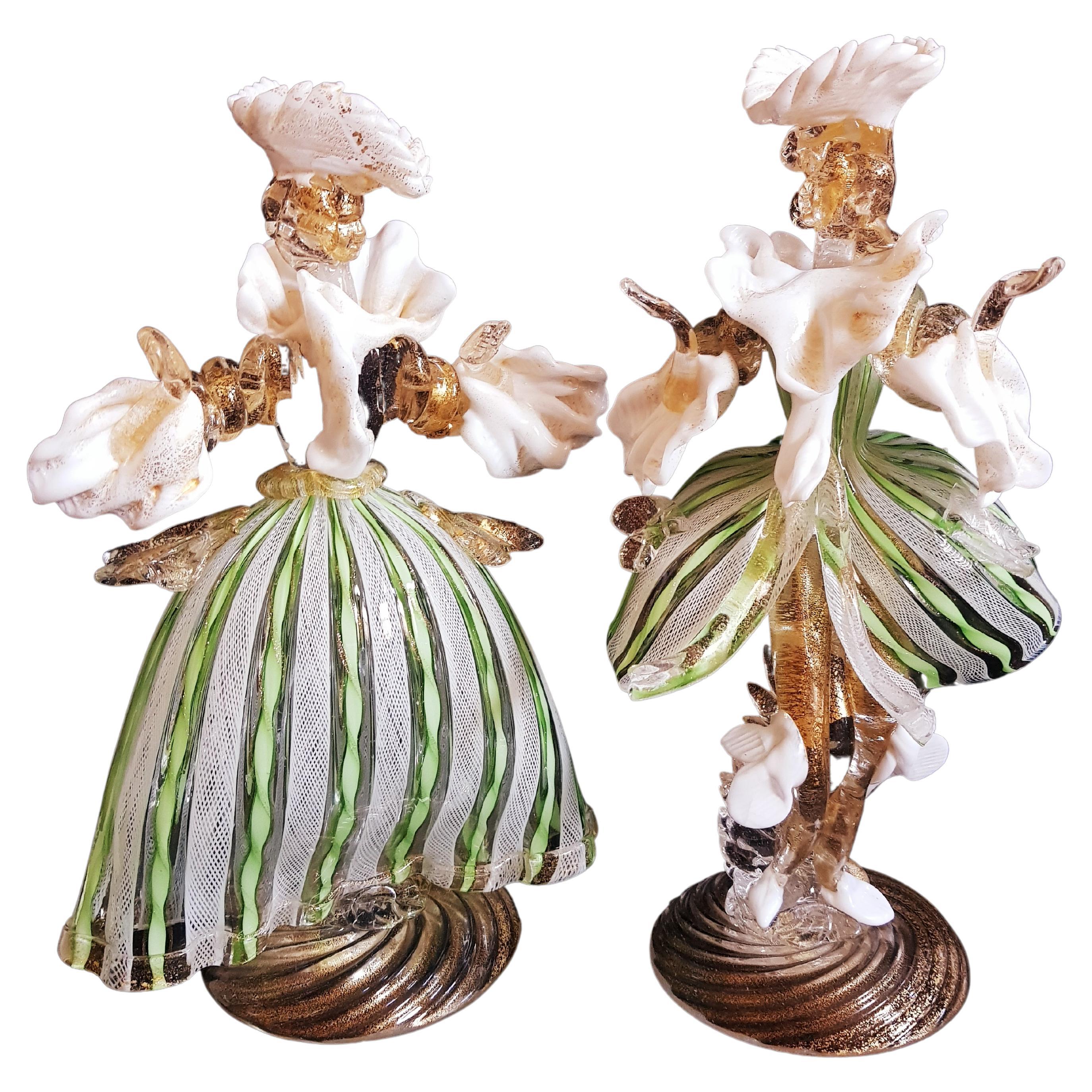 Vitange Murano Glass Dancers Laticino Zanfirico with Gold Leaf For Sale