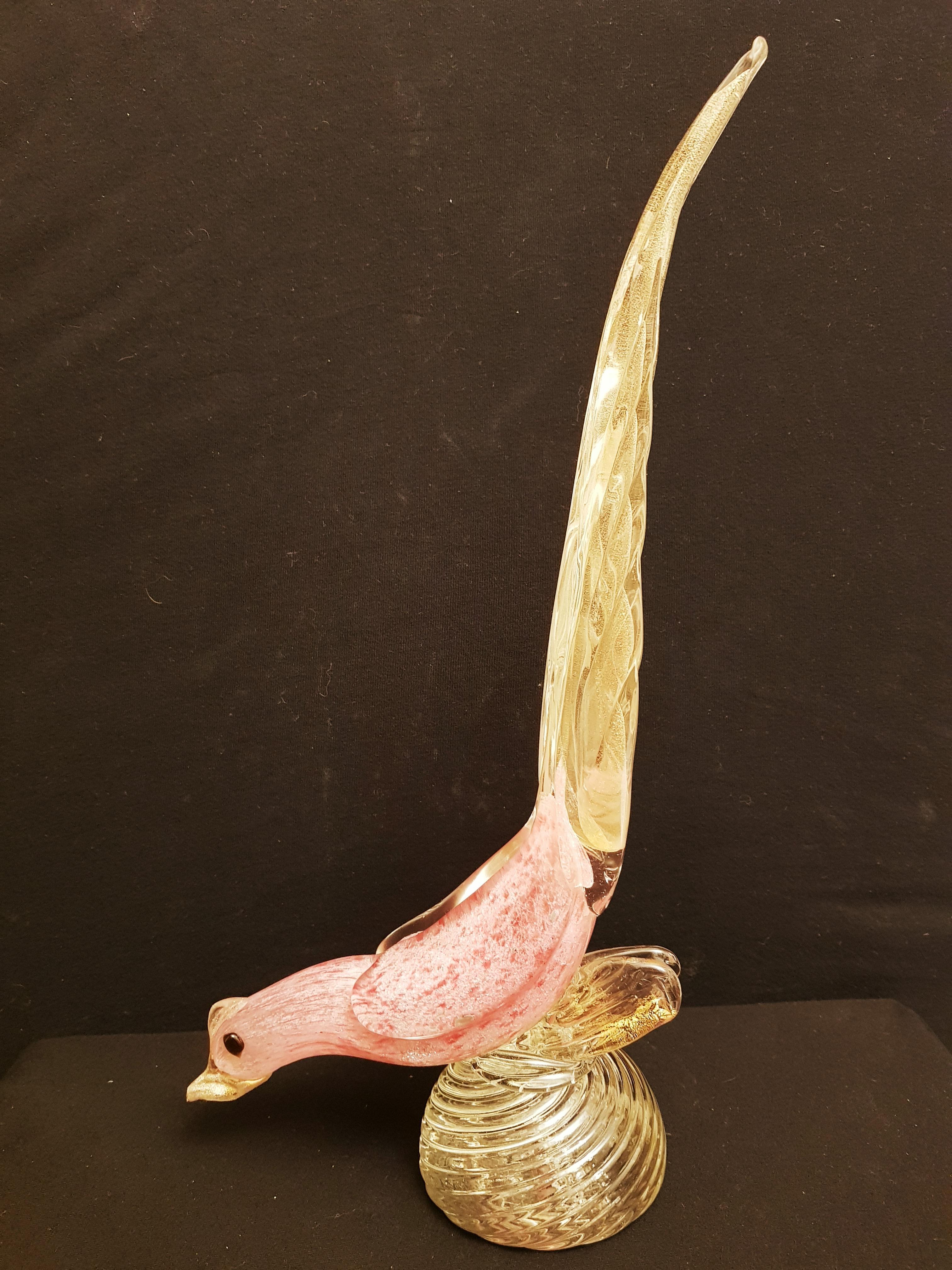 Art Nouveau Vitange Murano Glass Pink Pheasants with Gold Leaf, Archimede Seguso
