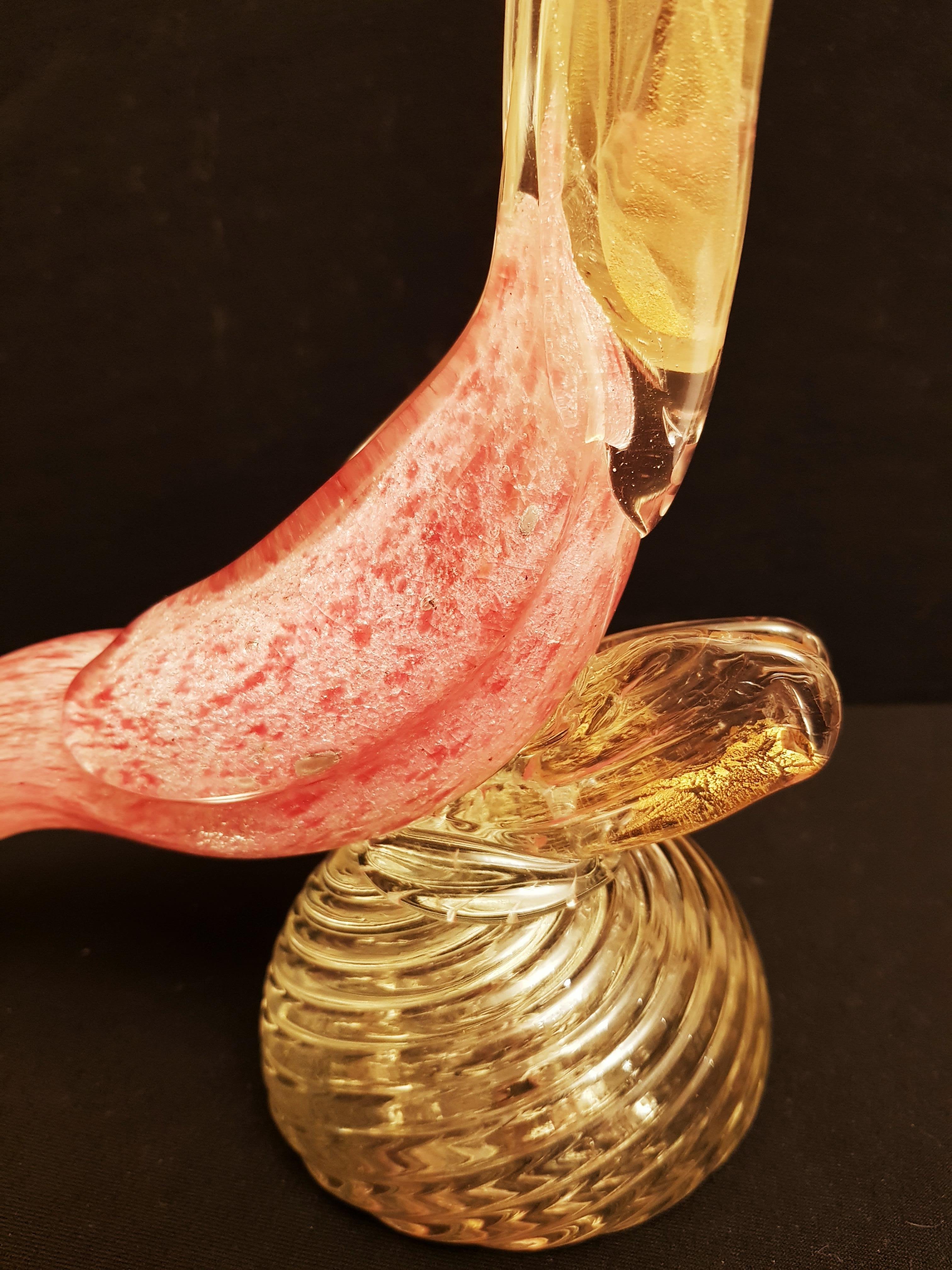 Italian Vitange Murano Glass Pink Pheasants with Gold Leaf, Archimede Seguso