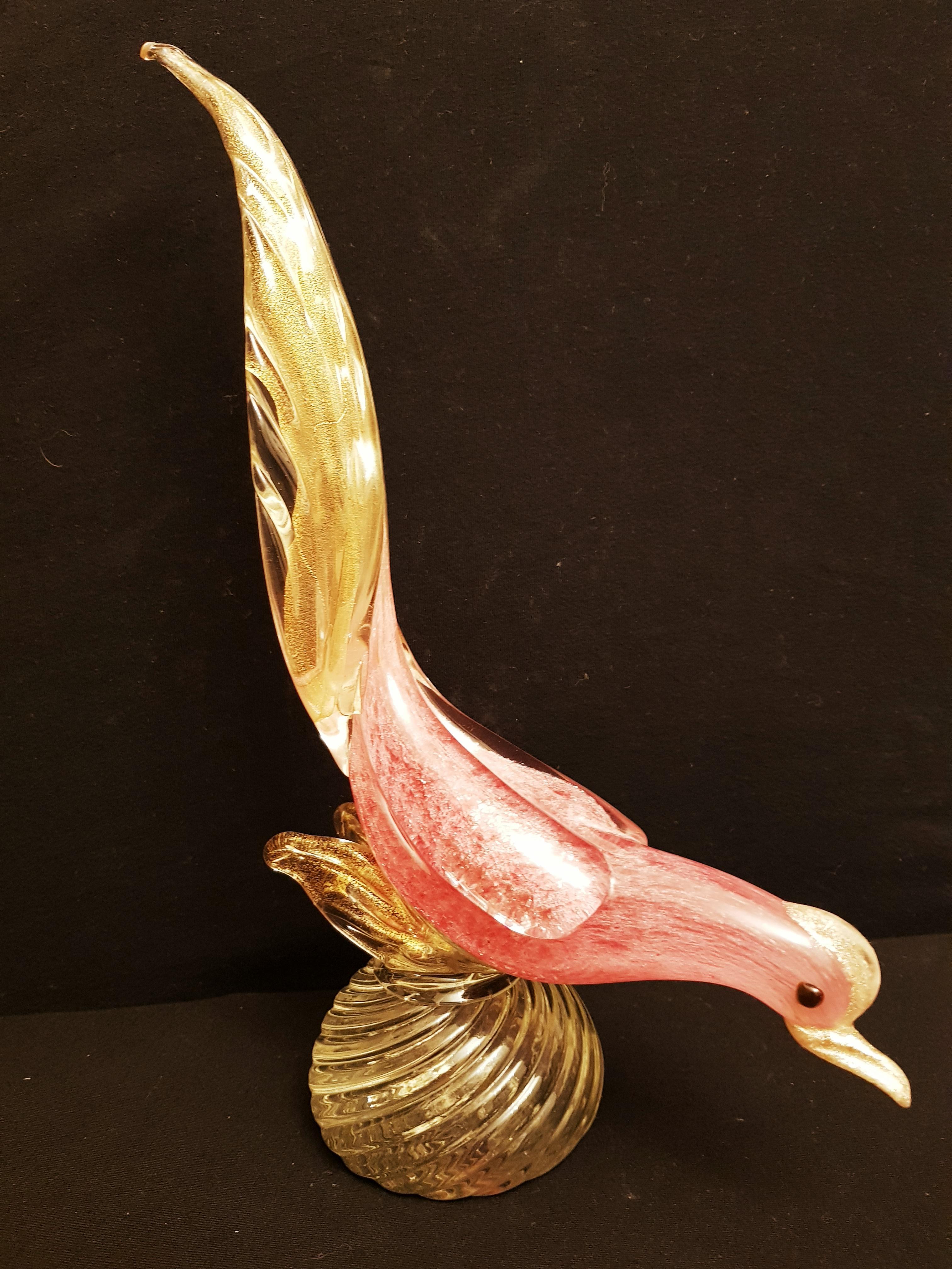 Mid-20th Century Vitange Murano Glass Pink Pheasants with Gold Leaf, Archimede Seguso
