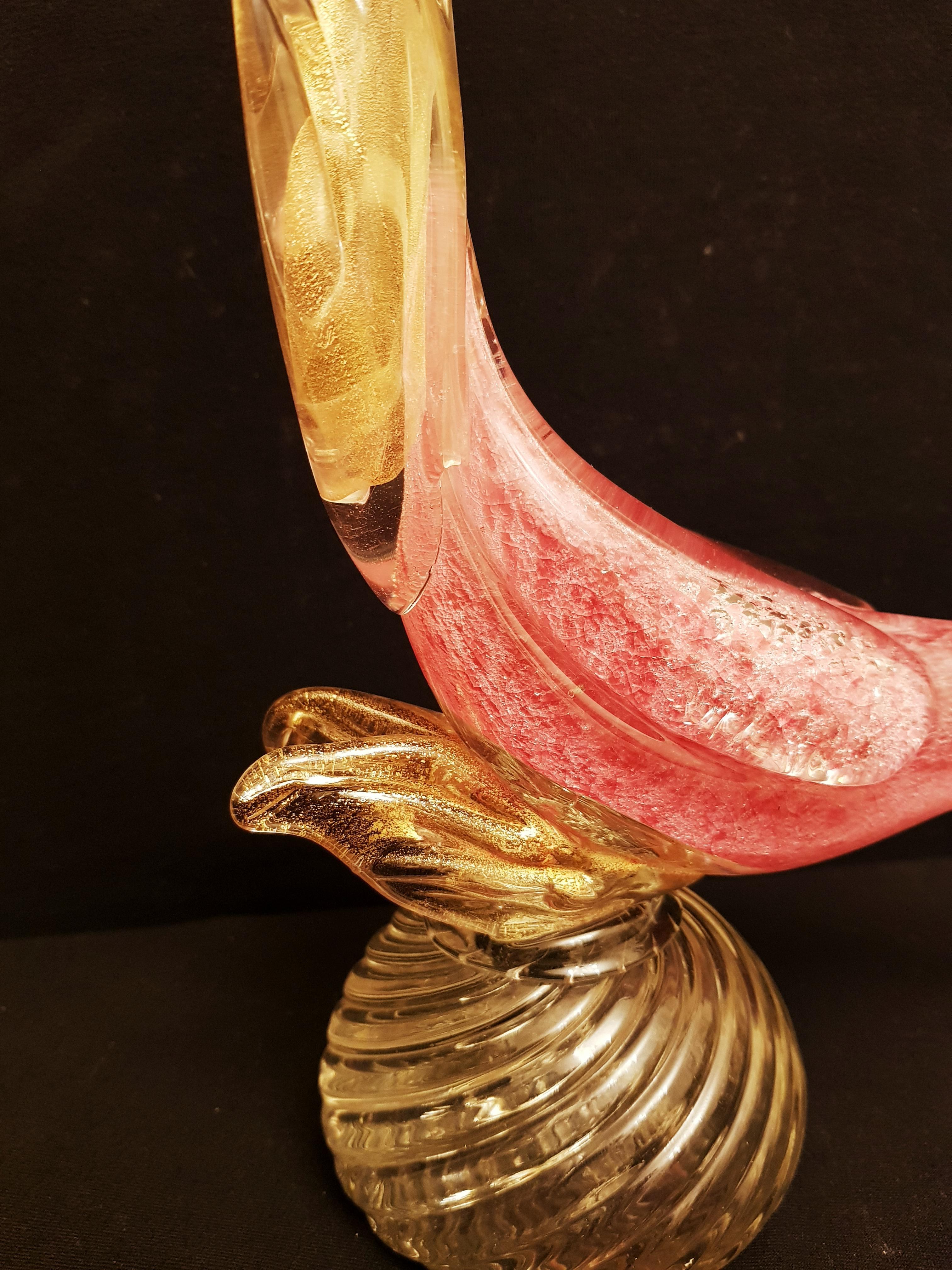 Vitange Murano Glass Pink Pheasants with Gold Leaf, Archimede Seguso 1