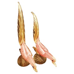 Vitange Murano Glass Pink Pheasants with Gold Leaf, Archimede Seguso