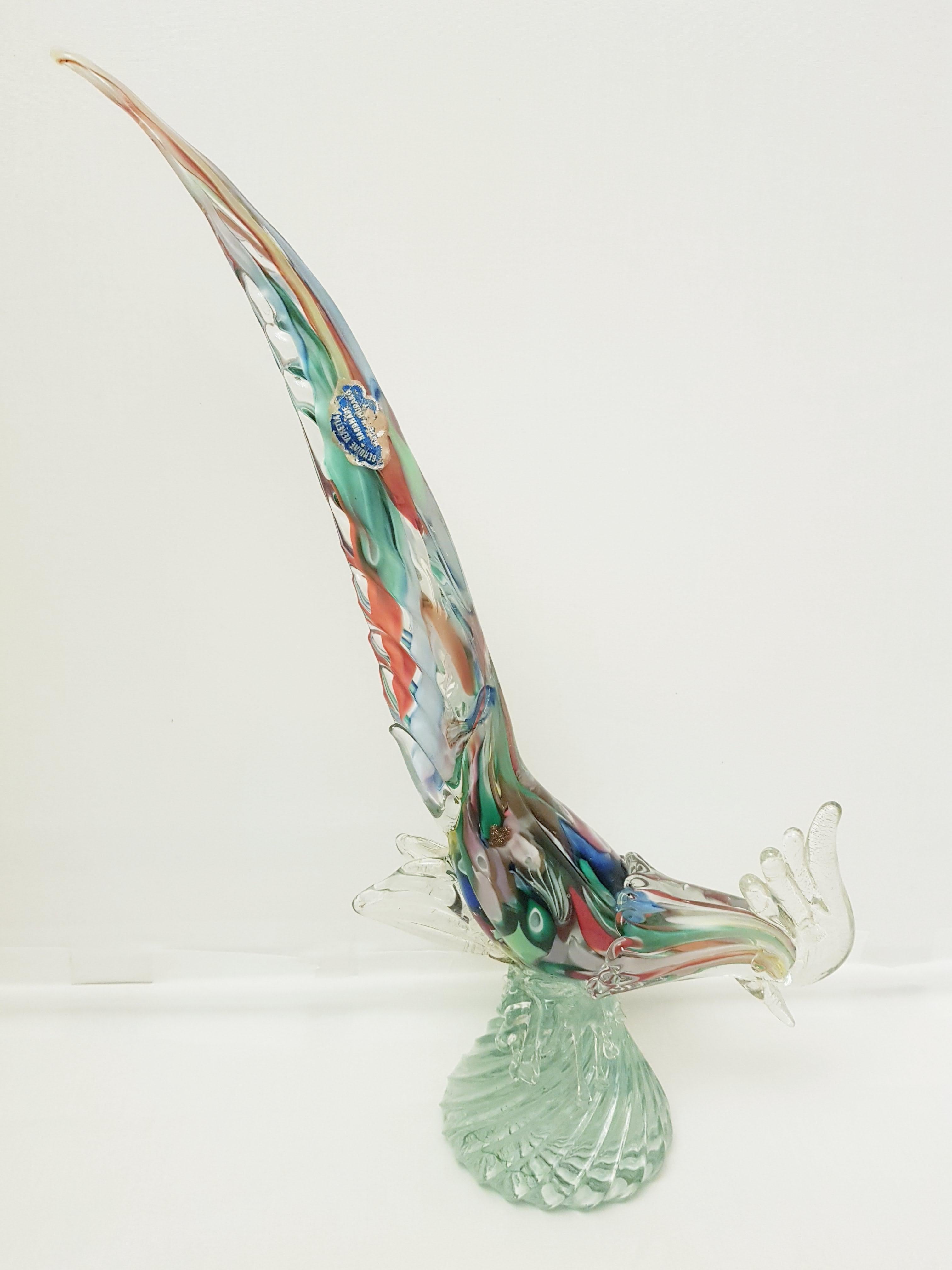 Beautiful vitange Murano glass Tutti Frutti pheasant with gold and aventurine, attributed to Dino Martens for Aureliano Toso;vetri A.Ve.M years 1950-1956. In excellent condition.