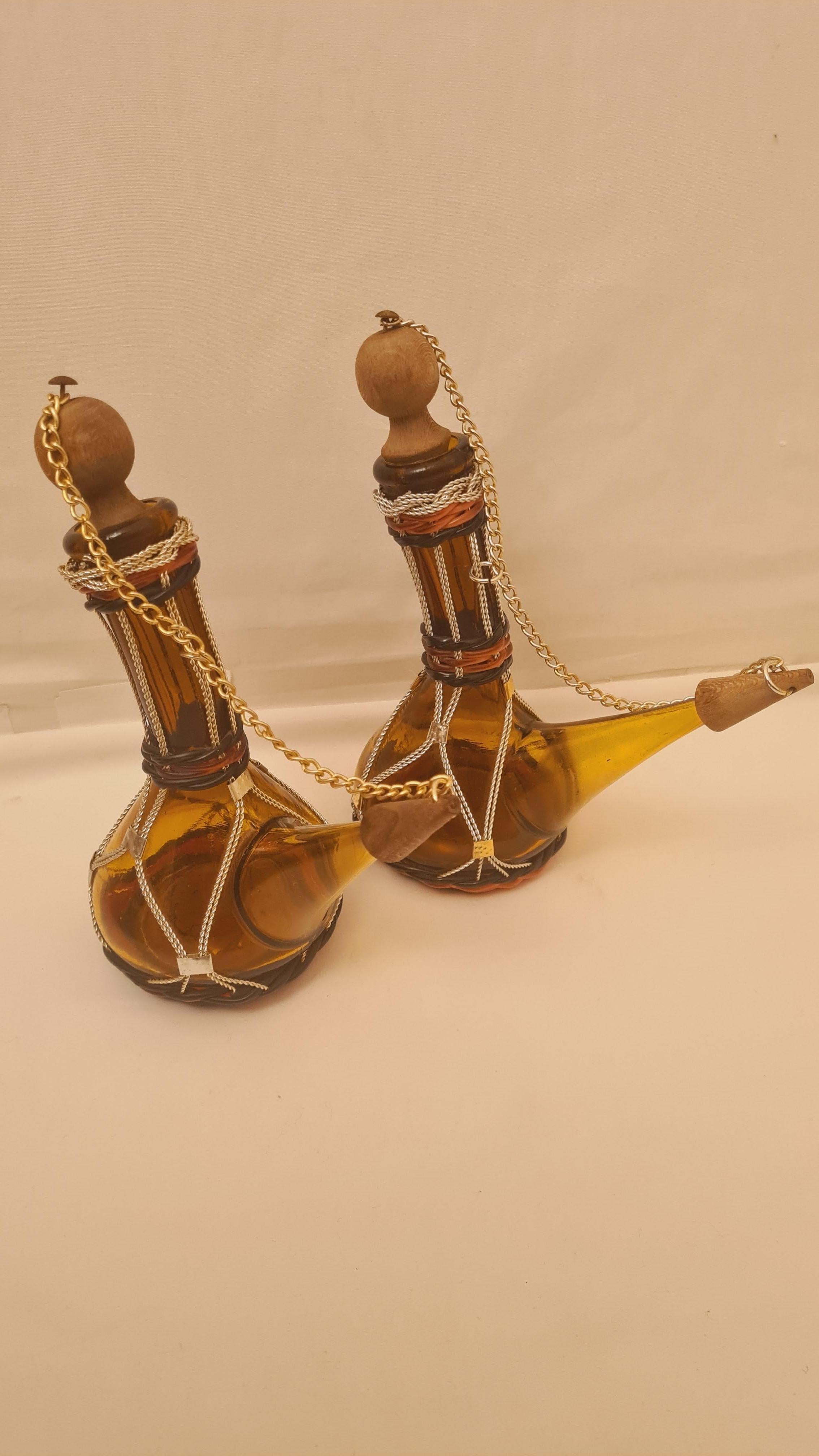 Beautiful vintage Spanish tooled vine bottles set of two, brilliant condition.