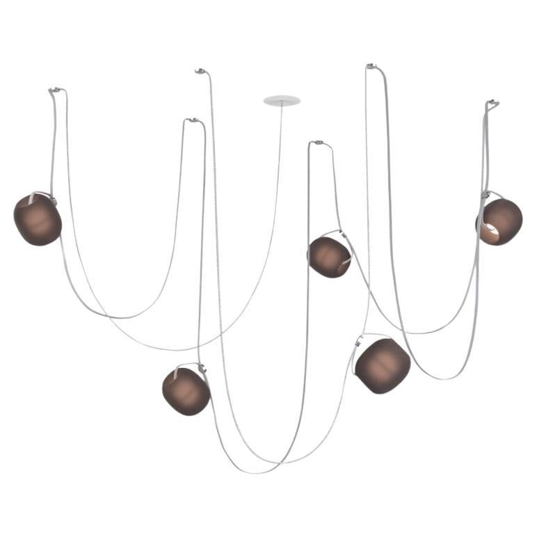 Vitis 5 / Araña
Diseñado por RBW

Diseñada para que no haya dos instalaciones exactamente iguales, Vitis es una lámpara de araña modular drapeada con posibilidades de personalización. Sus cables flexibles y translúcidos alojan orbes de vidrio