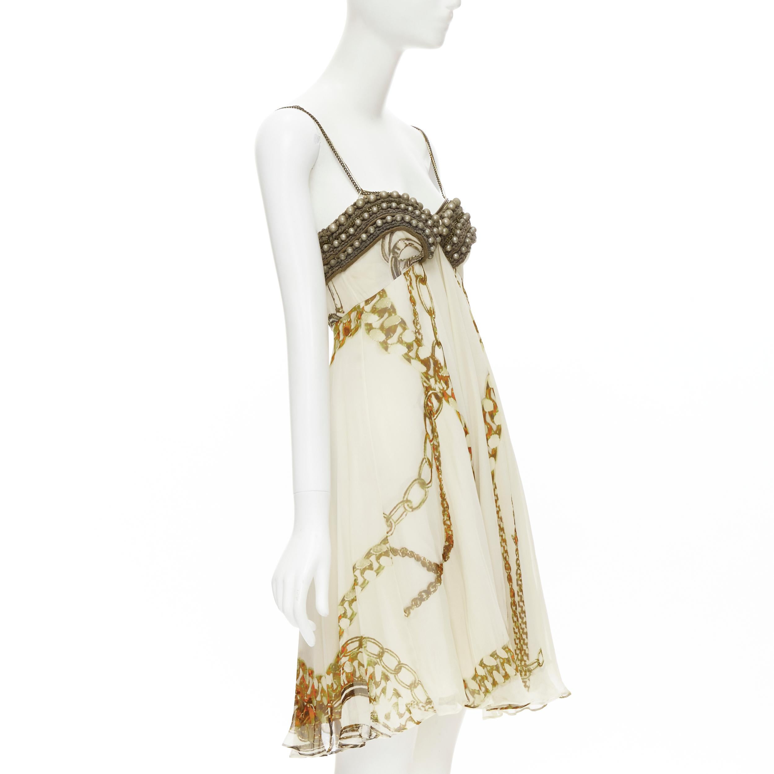 Gold vitnage STELLA MCCARTNEY 2005 pearl bust gold chain print silk dress IT40 XS For Sale
