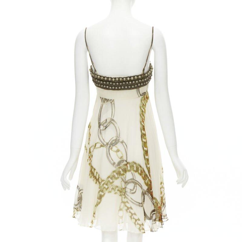 Women's vitnage STELLA MCCARTNEY 2005 pearl bust gold chain print silk dress IT40 XS