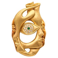 VITO CAMPANELLA 1970 Surrealist Pendant Brooch In 18Kt Yellow Gold With Gems