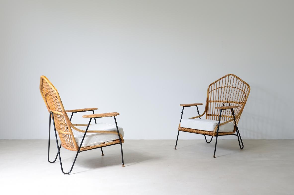 Mid-Century Modern Vito Latis, unique pair of rattan and metal armchairs  For Sale