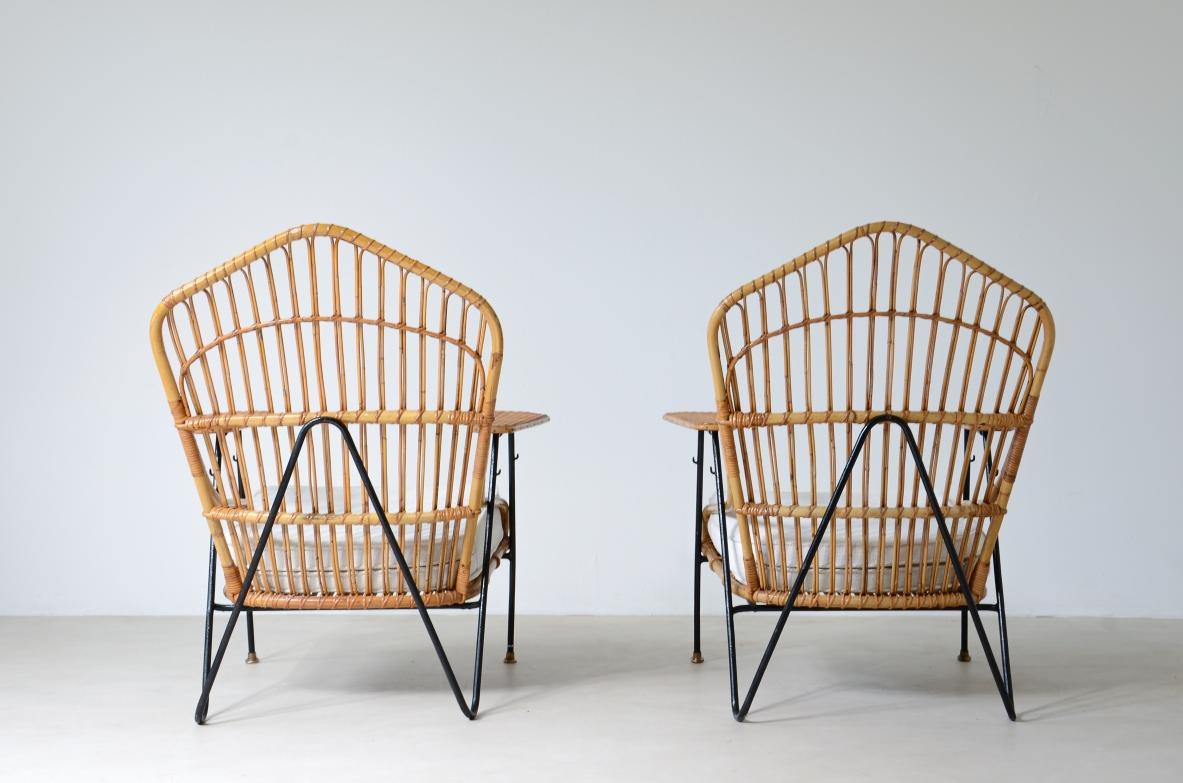 Italian Vito Latis, unique pair of rattan and metal armchairs  For Sale