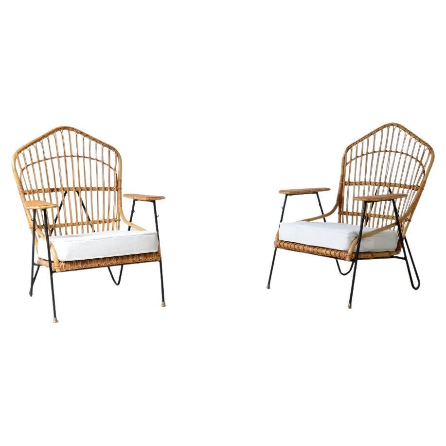 Vito Latis, unique pair of rattan and metal armchairs  For Sale