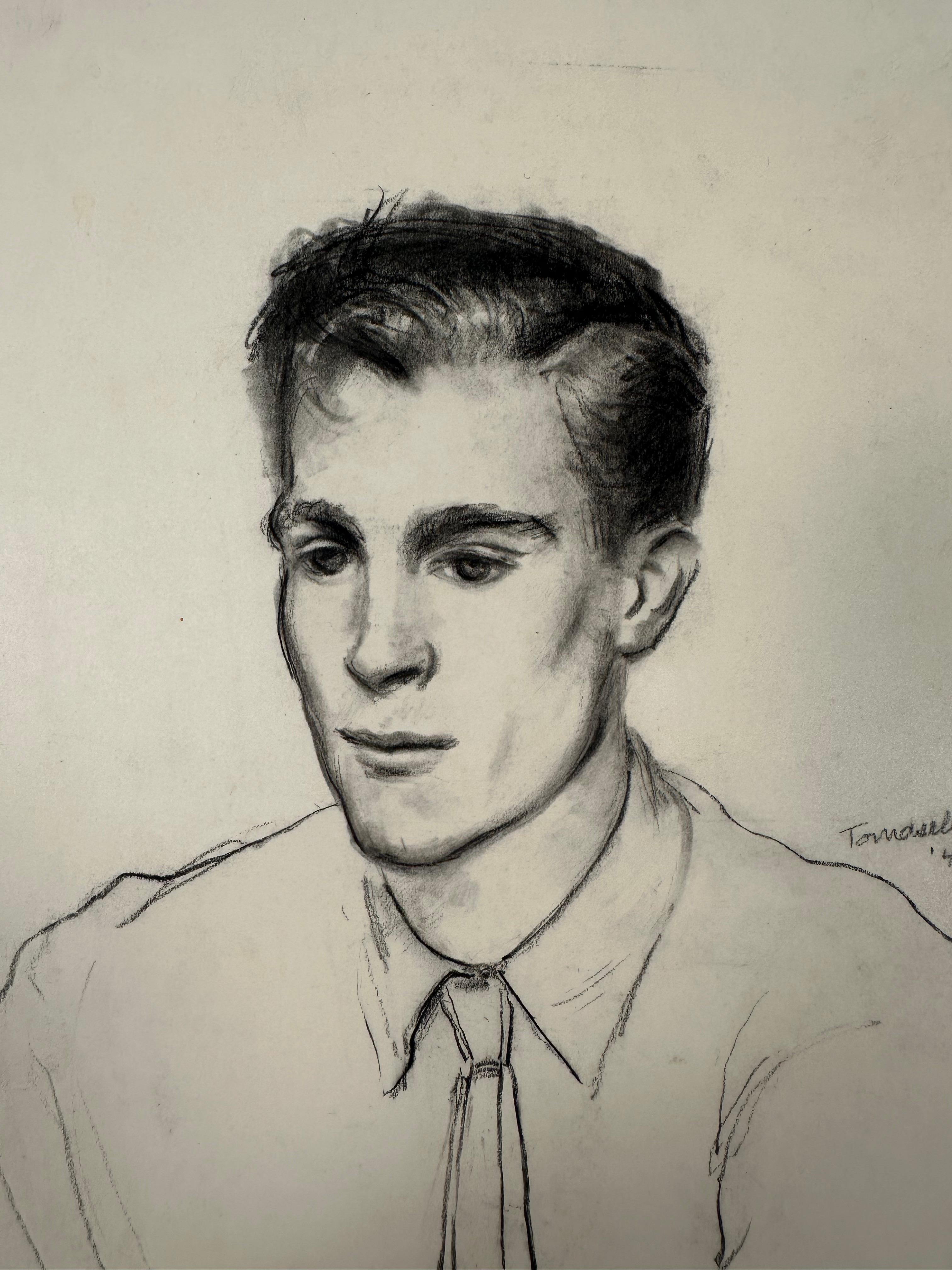 Eccezionale ritratto maschile realizzato dall'artista americano del XX secolo Vito Tomasello. 

Ritratto di giovane uomo, John Alcorn, Eliot House, Cambridge MA. 

Matita su carta, il foglio misura 8,5 x 11  pollici. Senza cornice.

Da sempre