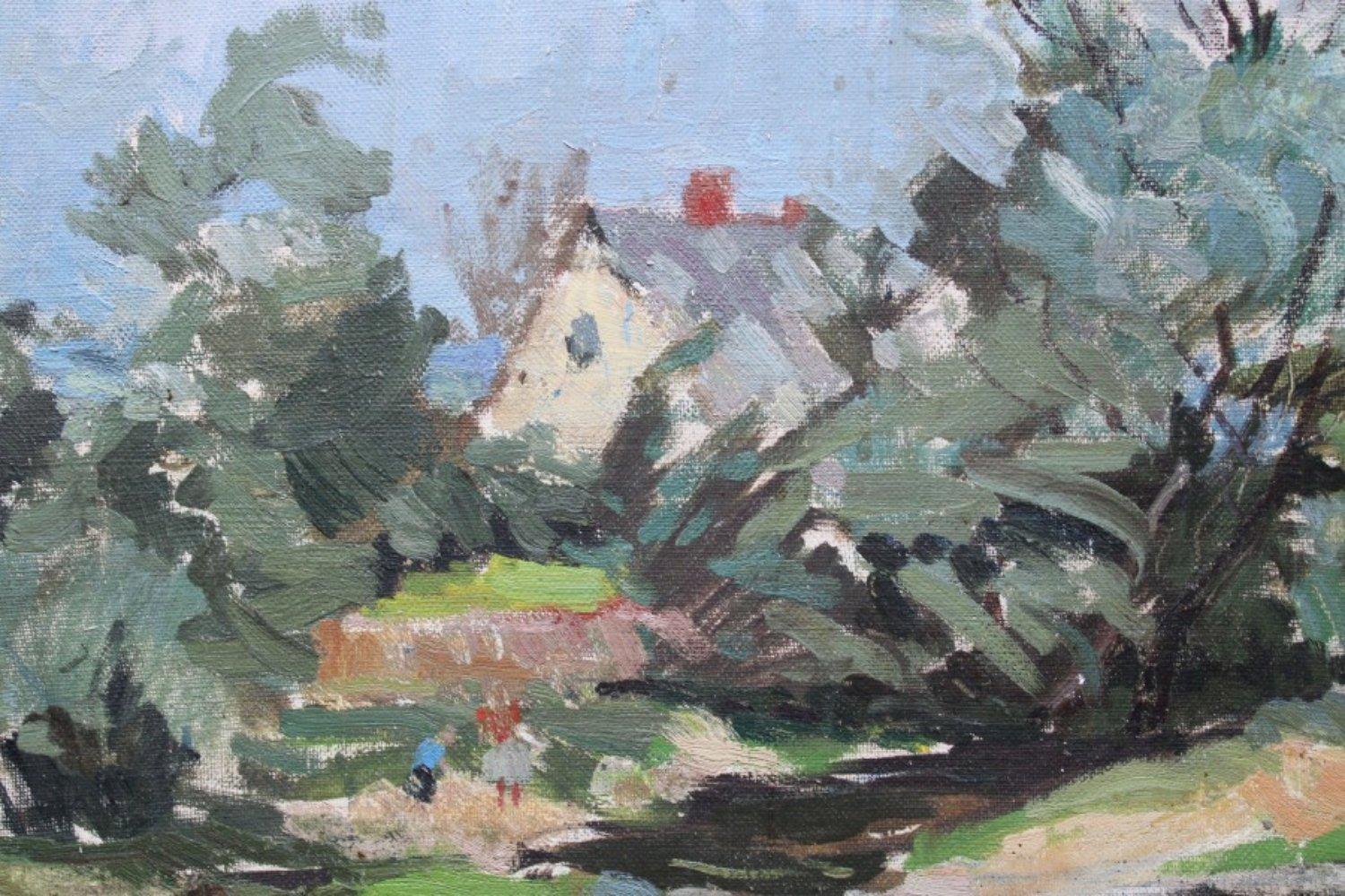 La rivière. Toile, carton, huile, 50x80 cm - Marron Landscape Painting par Vitolds Svirskis