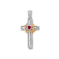 18 Karat Gold Diamond Cross Pendant with Heart Ruby