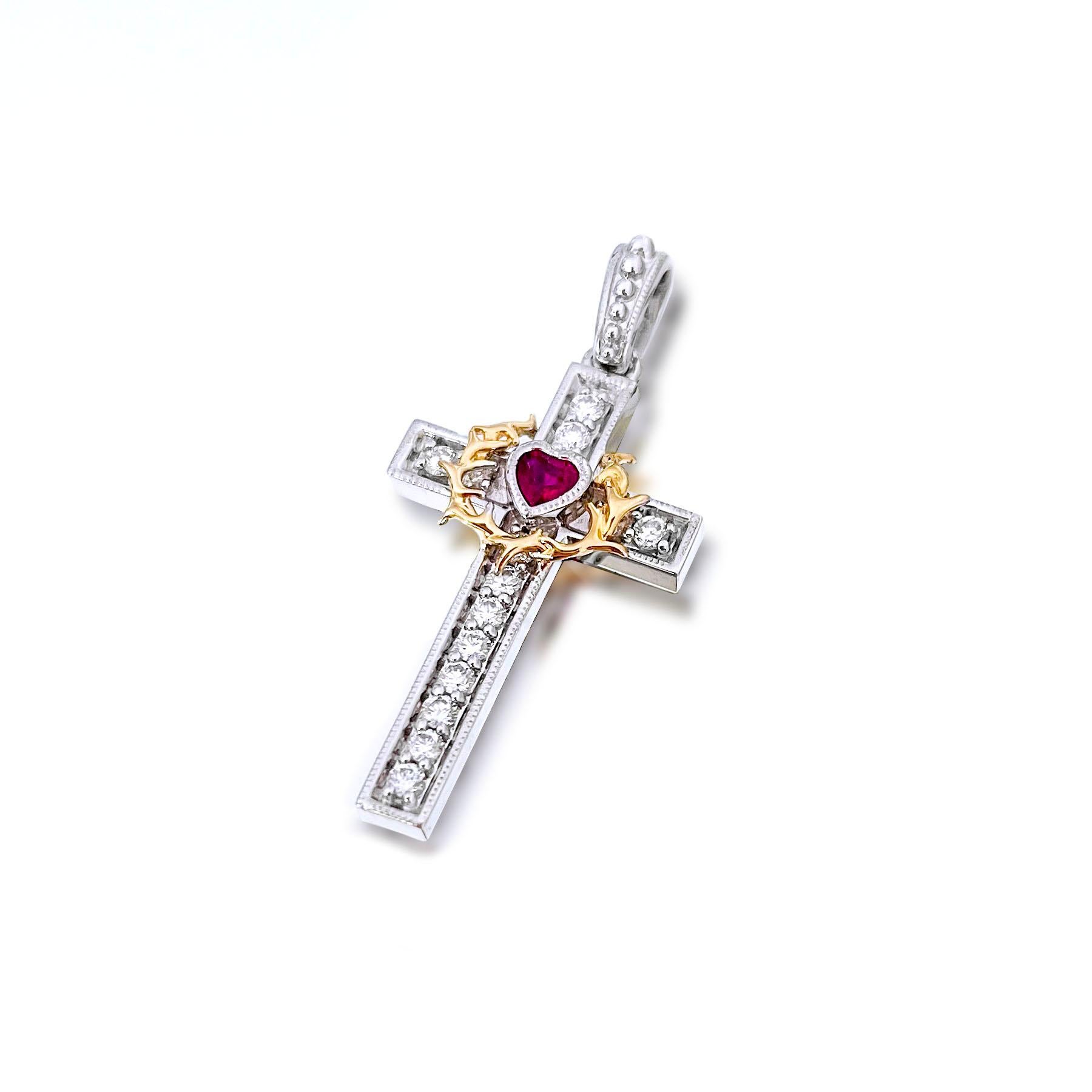 Artisan 18 Karat Gold Diamond Cross Pendant with Heart Ruby For Sale