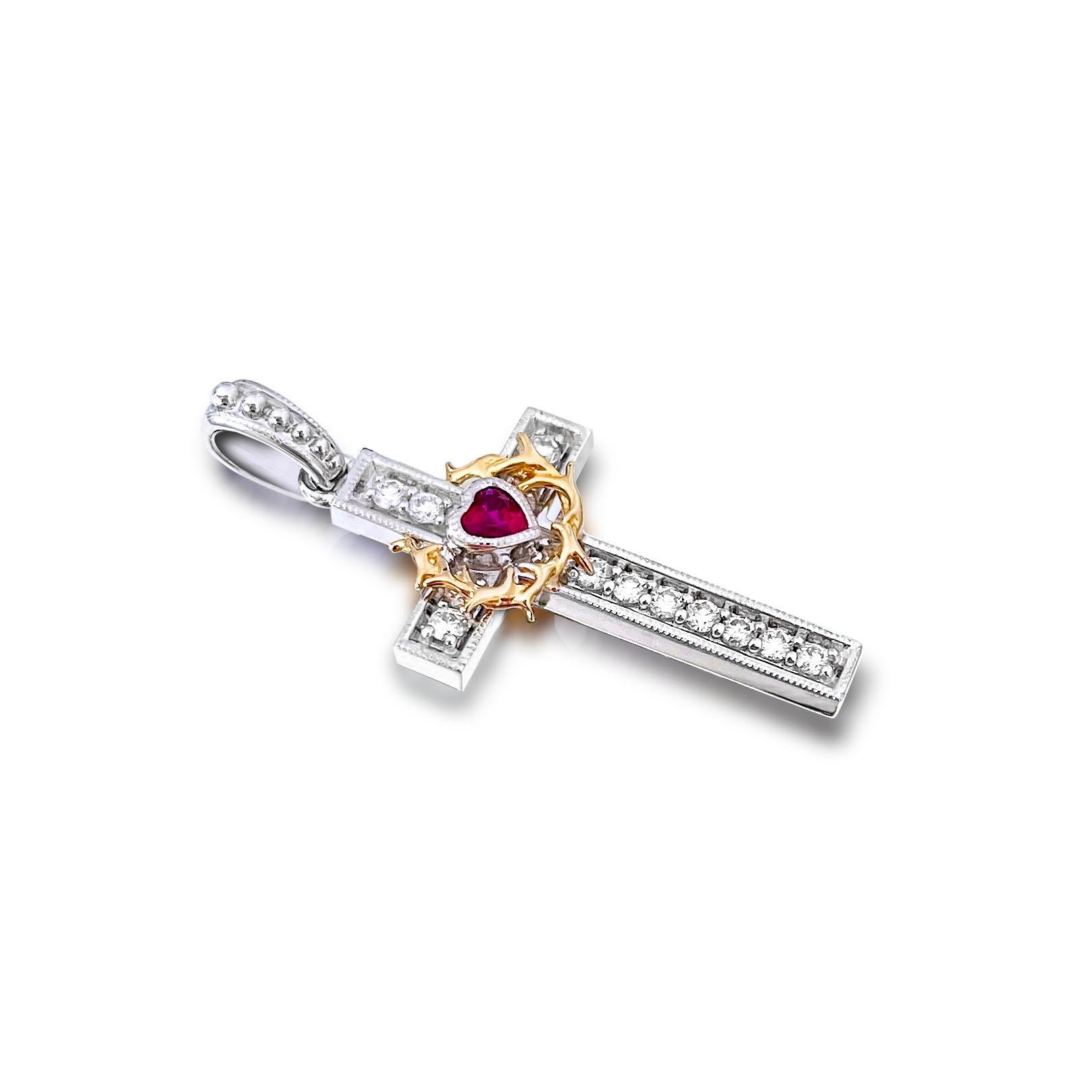 Round Cut 18 Karat Gold Diamond Cross Pendant with Heart Ruby For Sale