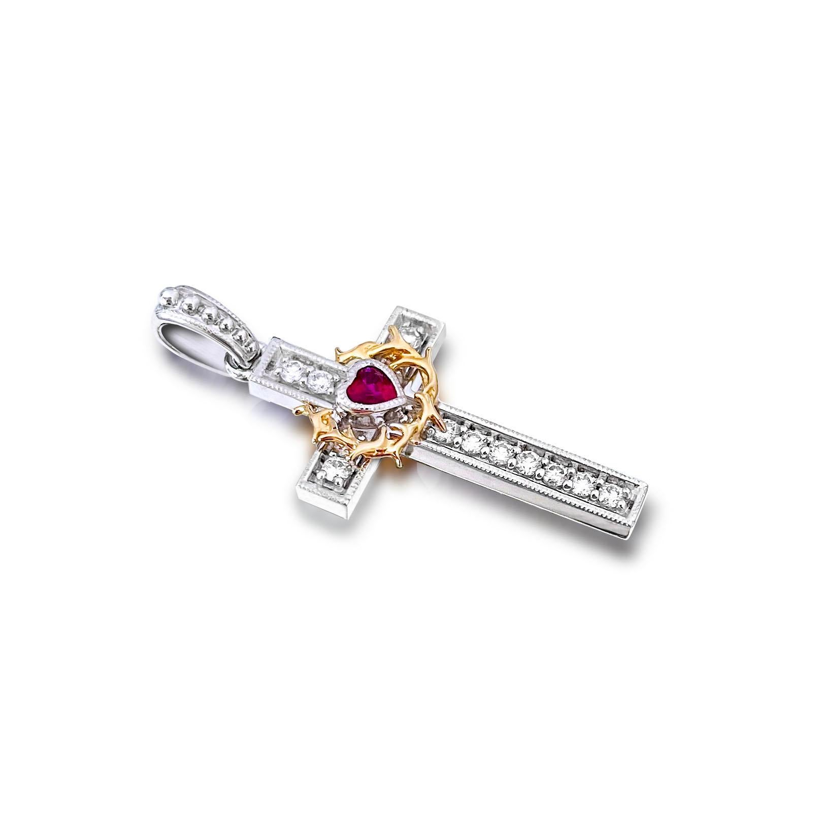 Colgante Cruz de Diamantes de Oro de 18 Kilates con Corazón de Rubí Corte redondo en venta