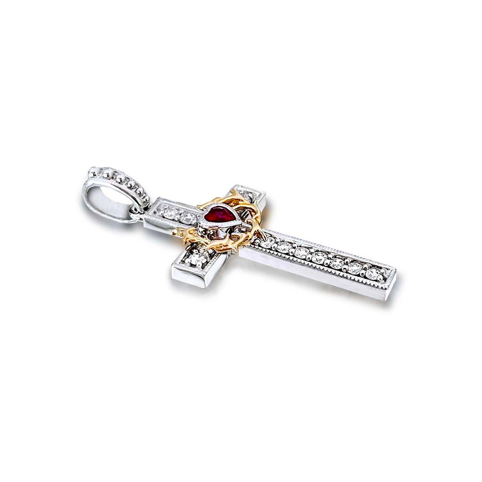 18 Karat Gold Diamond Cross Pendant with Heart Ruby In New Condition For Sale In Los Angeles, CA