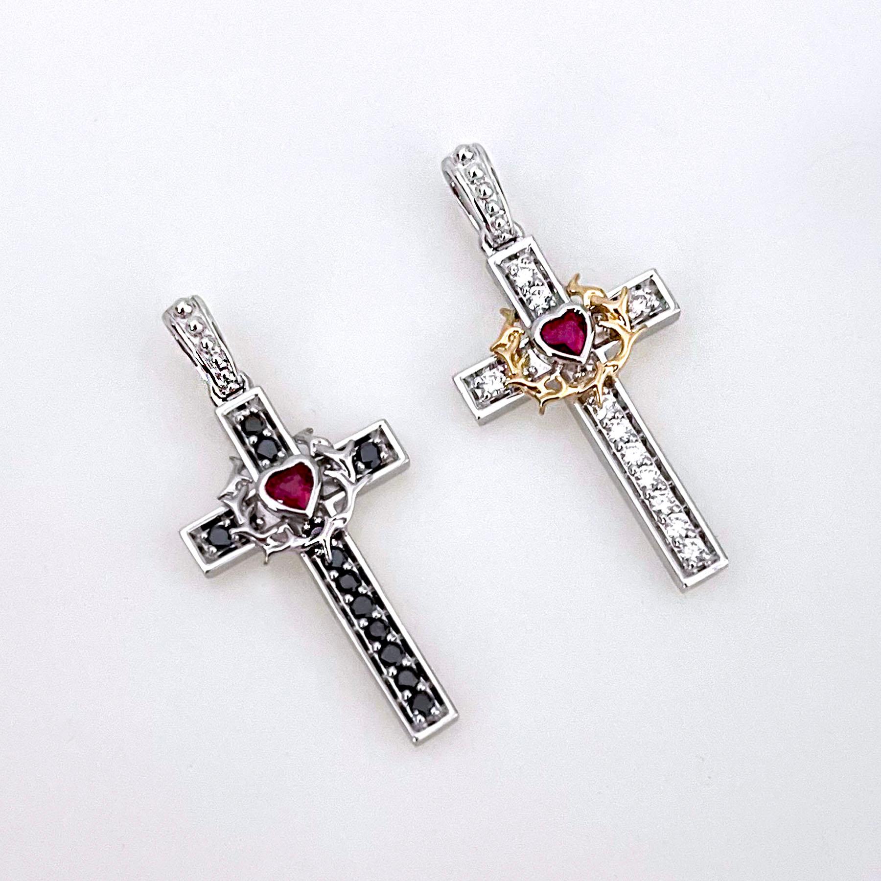 Women's or Men's 18 Karat Gold Diamond Cross Pendant with Heart Ruby For Sale