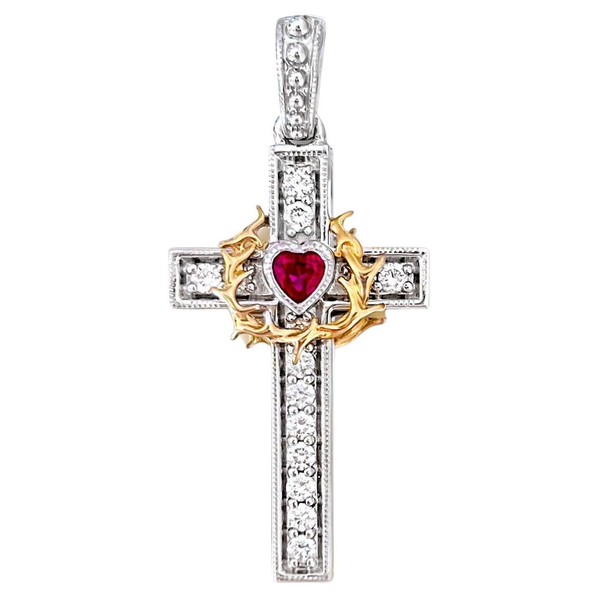 18 Karat Gold Diamond Cross Pendant with Heart Ruby