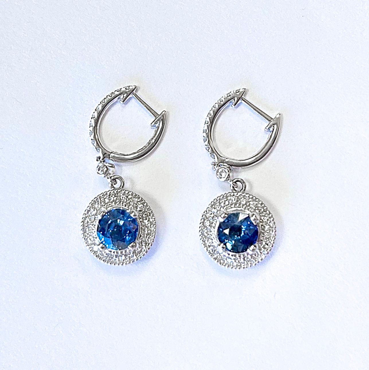 Artisan Vitolo 18 Karat Gold Diamond Drop Earrings with Blue Sapphire For Sale