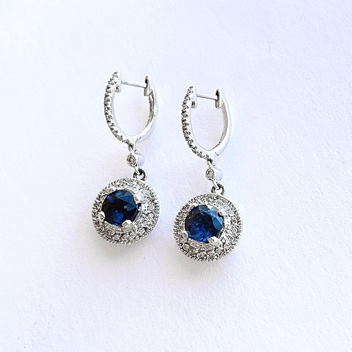 Round Cut Vitolo 18 Karat Gold Diamond Drop Earrings with Blue Sapphire For Sale
