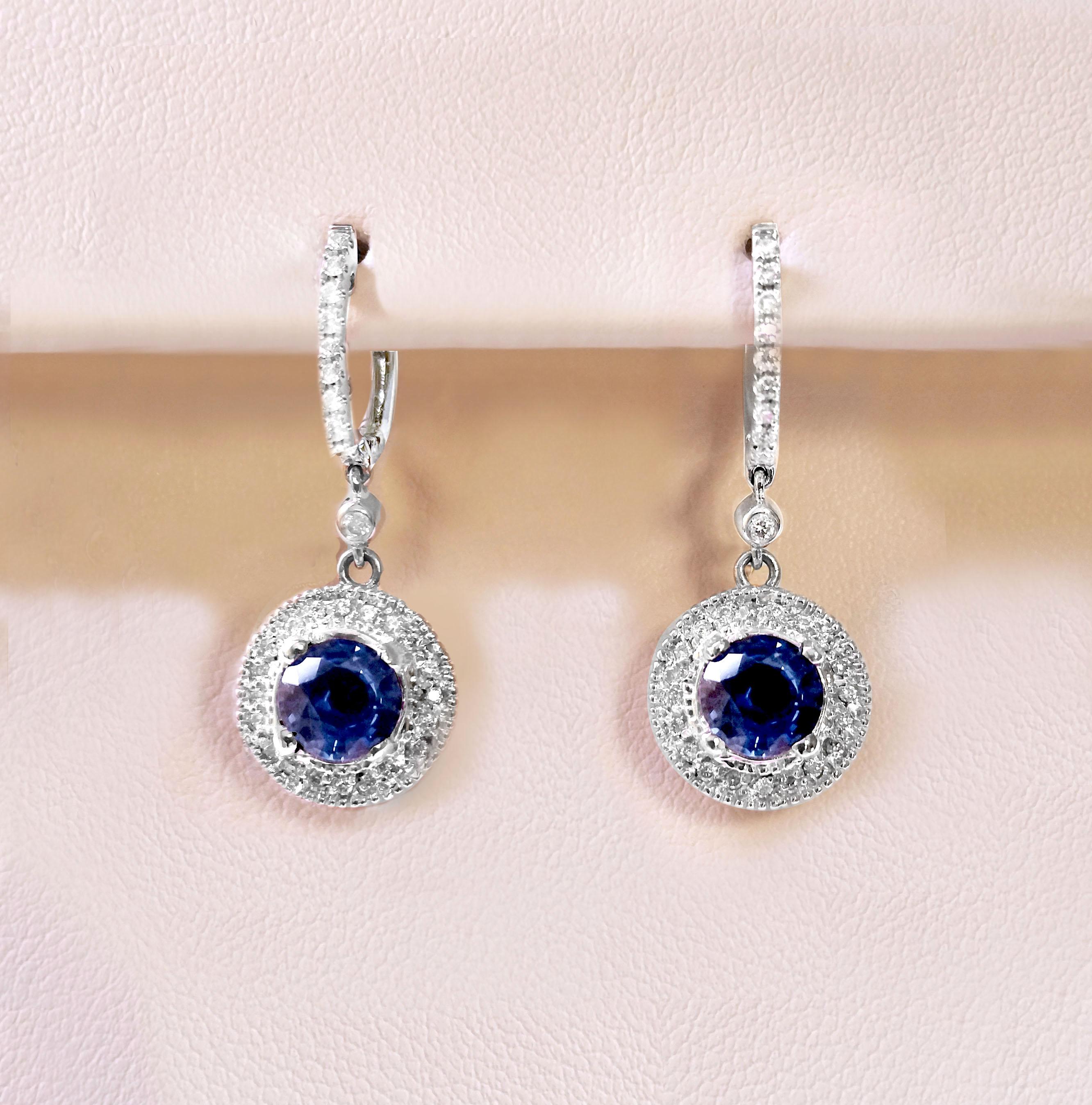 Vitolo 18 Karat Gold Diamond Drop Earrings with Blue Sapphire For Sale 3